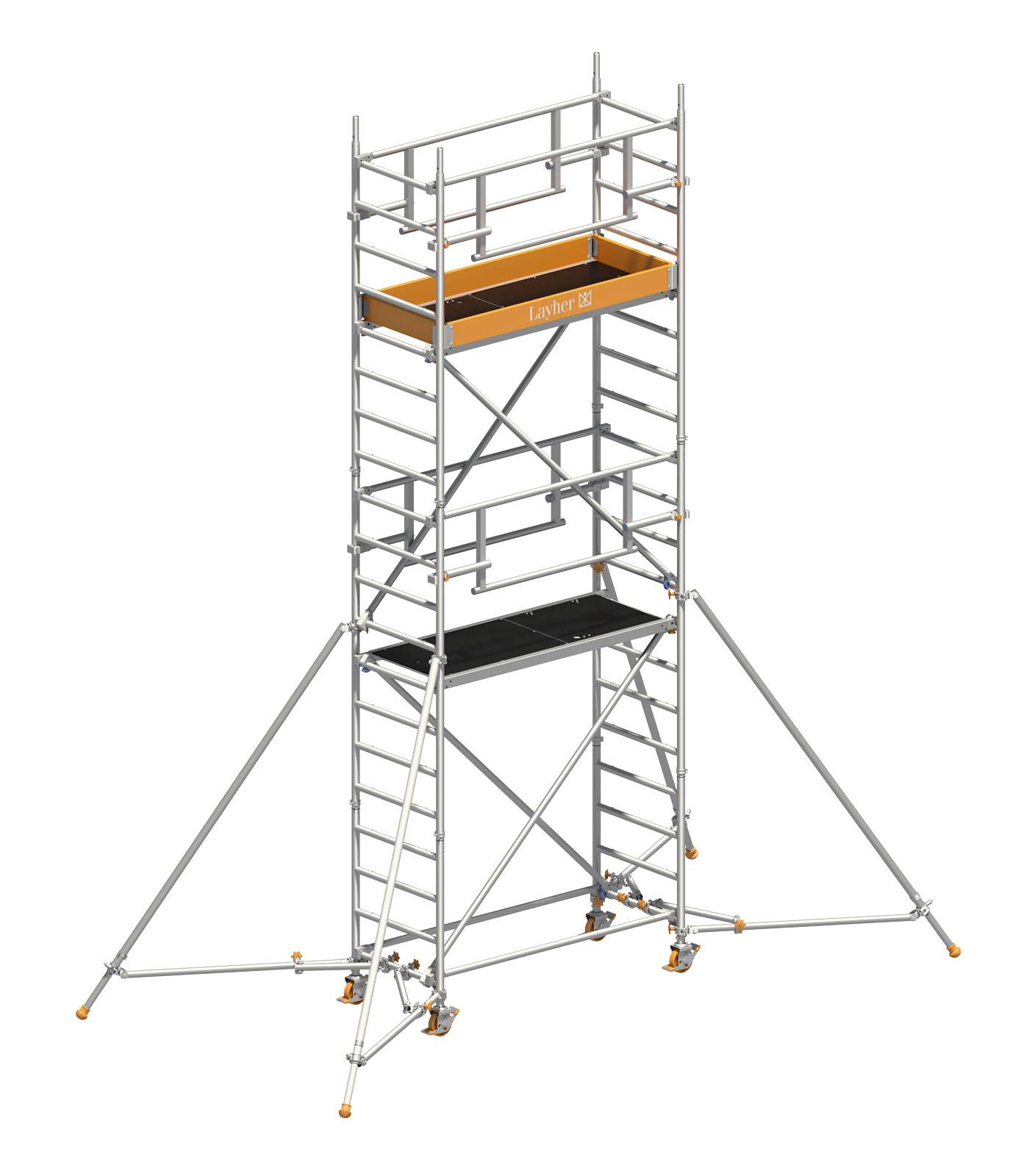 Layher Rollgerüst Uni Leicht P2 Safety Plus mit Doppelgeländer und ausziehbaren Gerüststützen 6,10m AH
