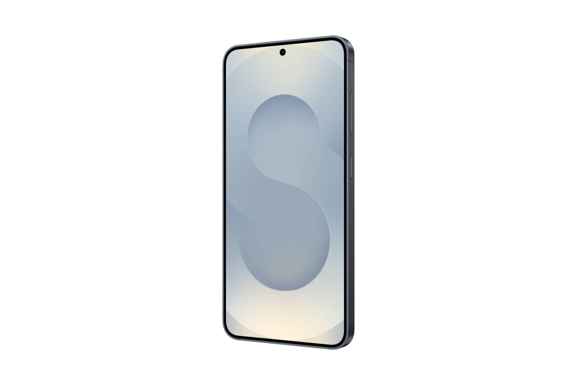 Ein modernes Smartphone, das von vorne auf schwarzem Hintergrund gezeigt wird und ein blasses, abstraktes Hintergrundbild mit einer zentralen Lochkamera anzeigt.