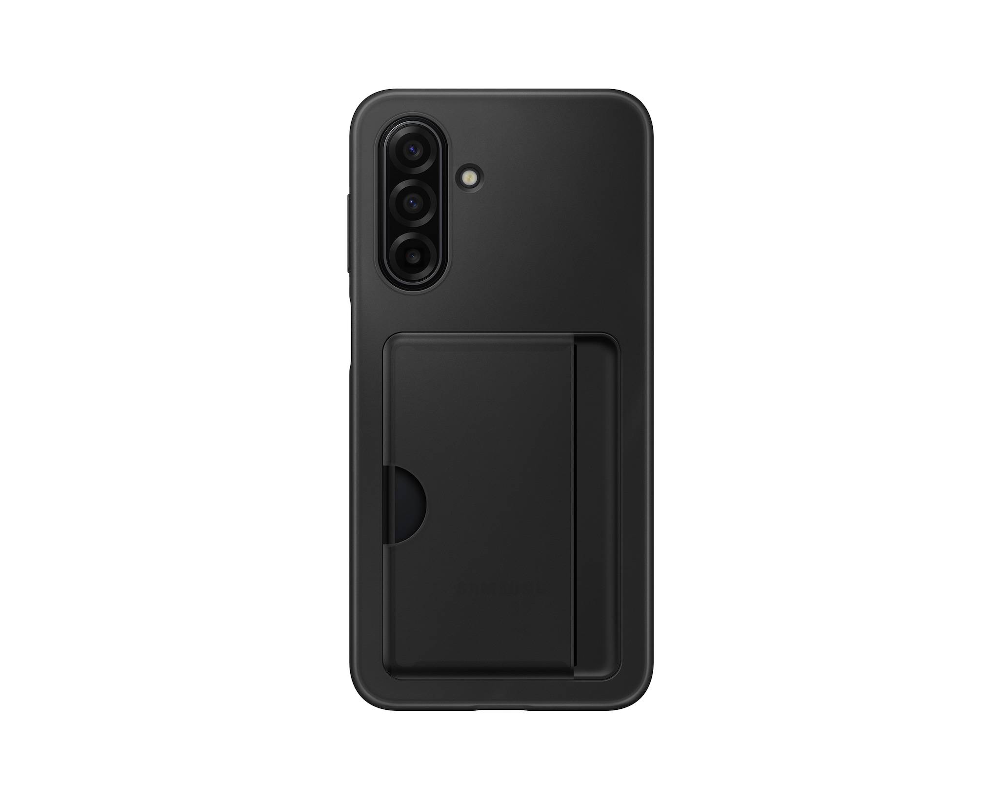 Schwarze Smartphone-Hülle mit integriertem Kartenhalter auf der Rückseite und Aussparung für die rückwärtige Kamera.
