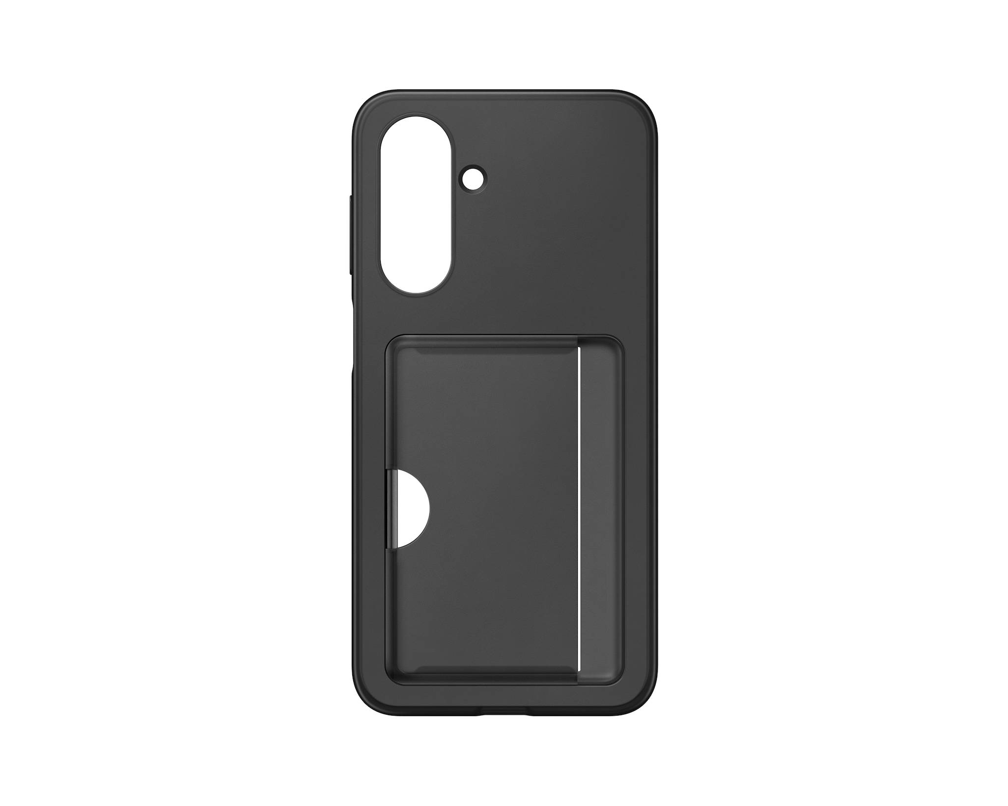 Schwarze Smartphone-Hülle mit integriertem rückwärtigem Kartenhalter und Kameraausschnitten, dargestellt auf weißem Hintergrund.