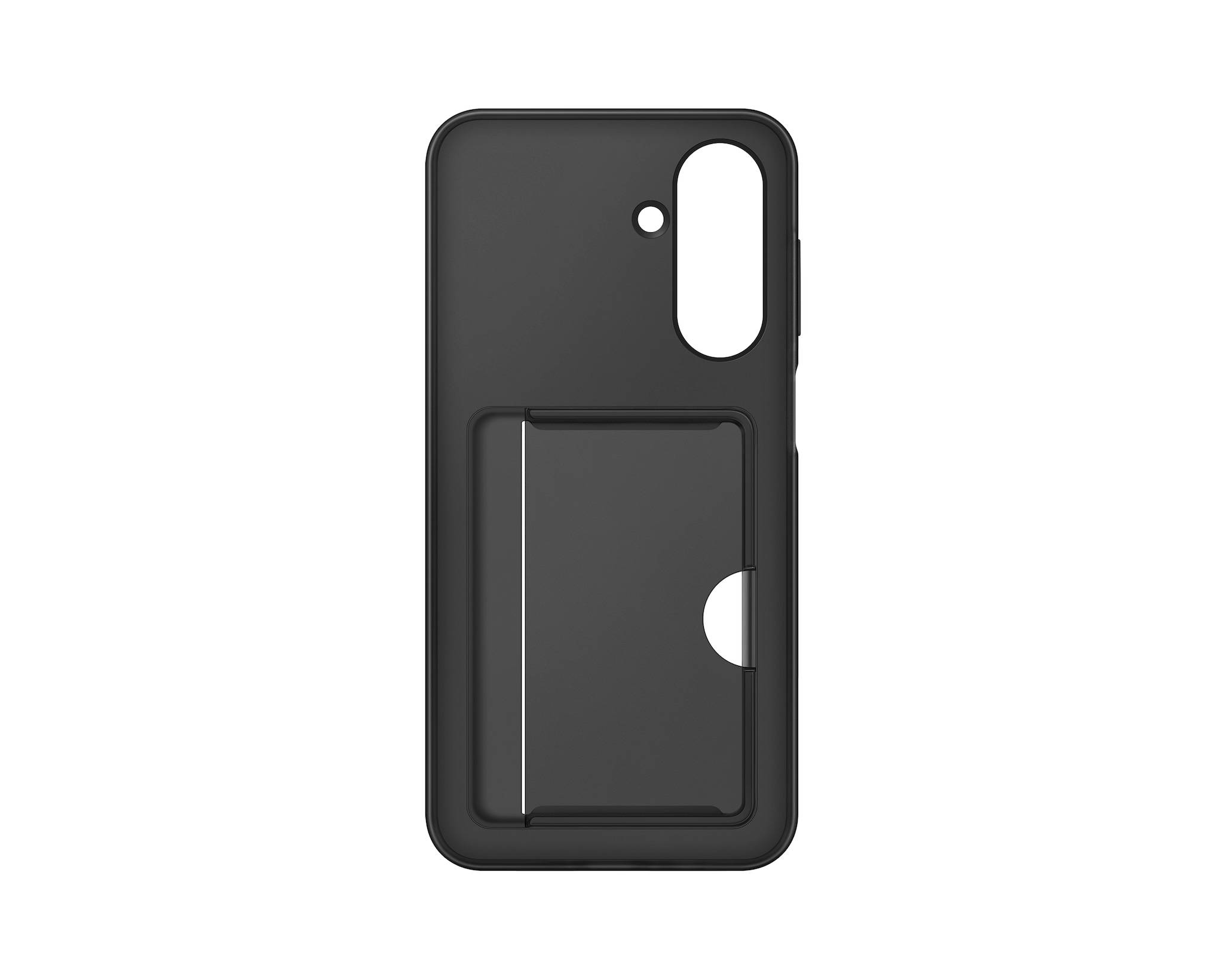 Schwarze Smartphone-Schutzhülle mit eingebautem Ständer und vertikalem Kameraausschnitt auf weißem Hintergrund.