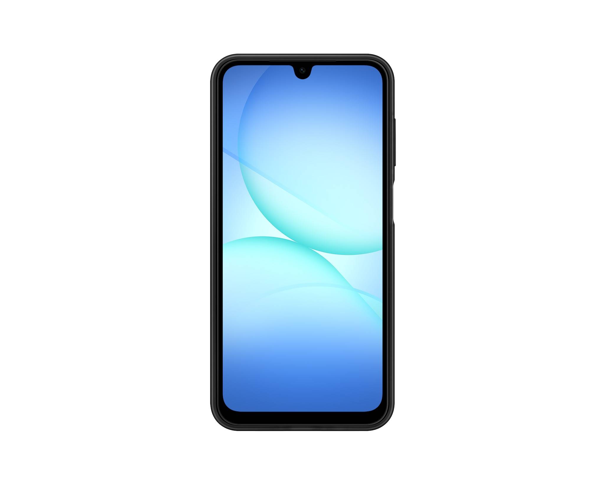 Schwarzes Smartphone von vorne dargestellt mit blauem Farbverlauf-Bildschirm und Wassertropfen-Notch auf weißem Hintergrund.