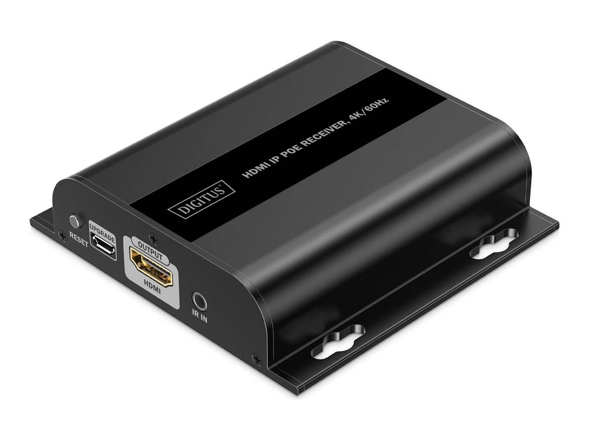 Schwarze DIGITUS HDMI IP PoE-Empfängerbox mit vorderen Anschlüssen mit den Bezeichnungen Reset, USB, HDMI und IR In.