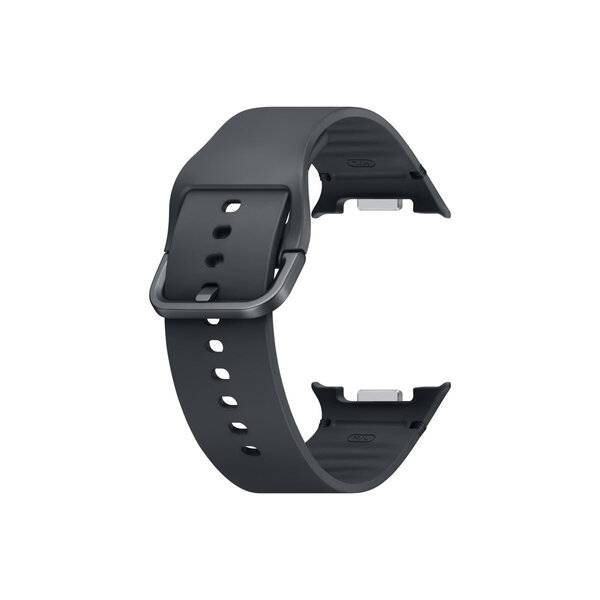 Schwarzes Smartwatch-Armband mit Schnallenverschluss, isoliert auf weißem Hintergrund dargestellt.