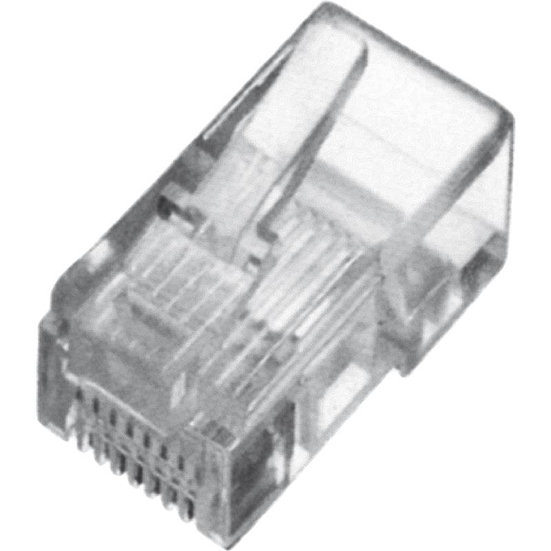Ein transparenter RJ45-Ethernet-Kabelstecker, der für Netzwerk- und Internetverbindungen verwendet wird, mit Blick auf seine Pins und Arretierclip-Details.