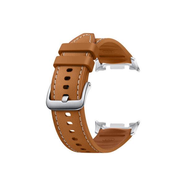 Braunes Lederarmband mit silberner Schnalle und Verbindungsstücken, vor einem einfachen weißen Hintergrund dargestellt.