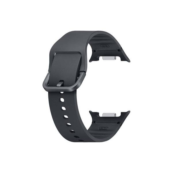 Schwarzes Smartwatch-Armband mit metallischer Schnalle, isoliert auf weißem Hintergrund dargestellt.