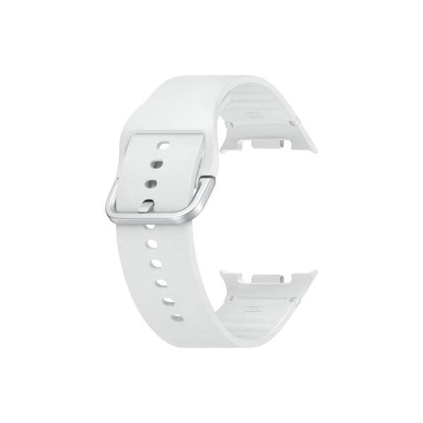 Weißes Silikon-Smartwatch-Armband mit Metallschnalle, isoliert auf weißem Hintergrund dargestellt.