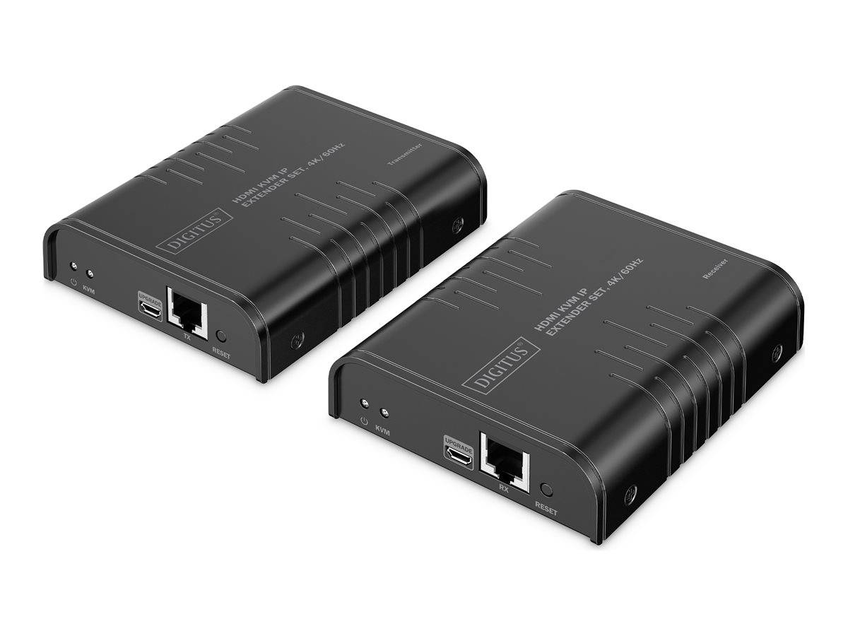 Zwei elektronische Geräte, beschriftet als ‚DIGITUS HDMI Extender', in Schwarz gezeigt, mit Ethernet-Anschlüssen und HDMI-Anschlüssen zur Video-Signalverlängerung.
