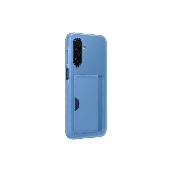 Blaue Smartphone-Hülle mit integriertem Kartenfach und Kameraausschnitt, gezeigt vor einem einfachen weißen Hintergrund.