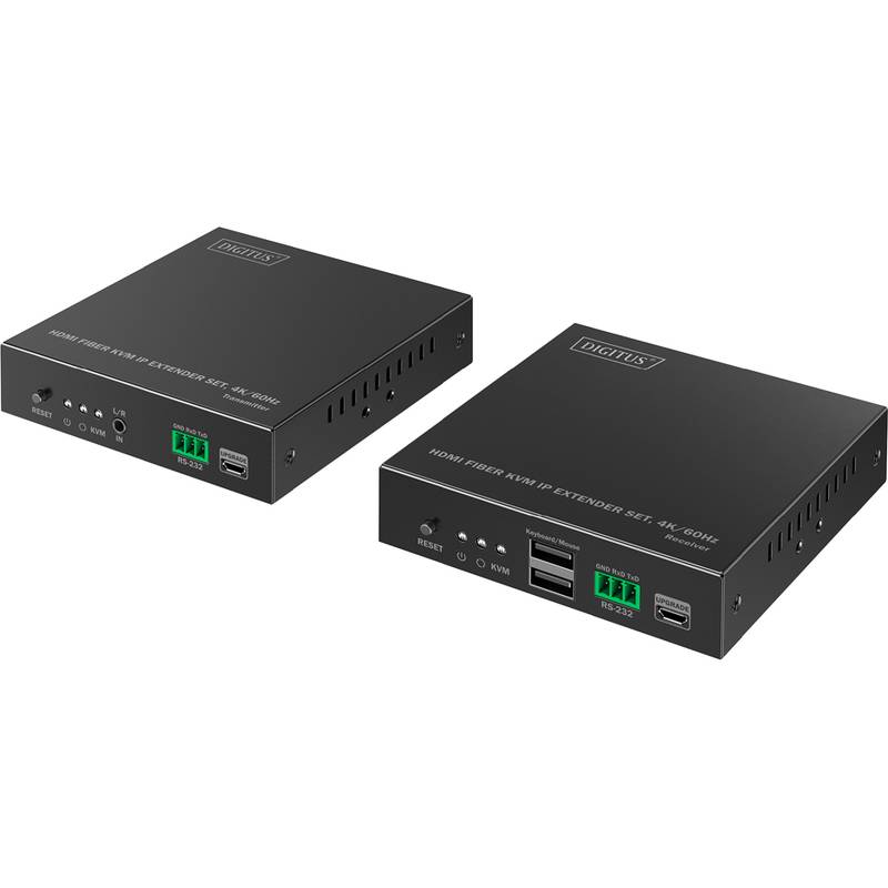 Zwei schwarze DIGITUS HDMI-Faser-KVM-Extender nebeneinander, mit Frontanschlüssen und Statusindikatoren für Signalverbindungen.