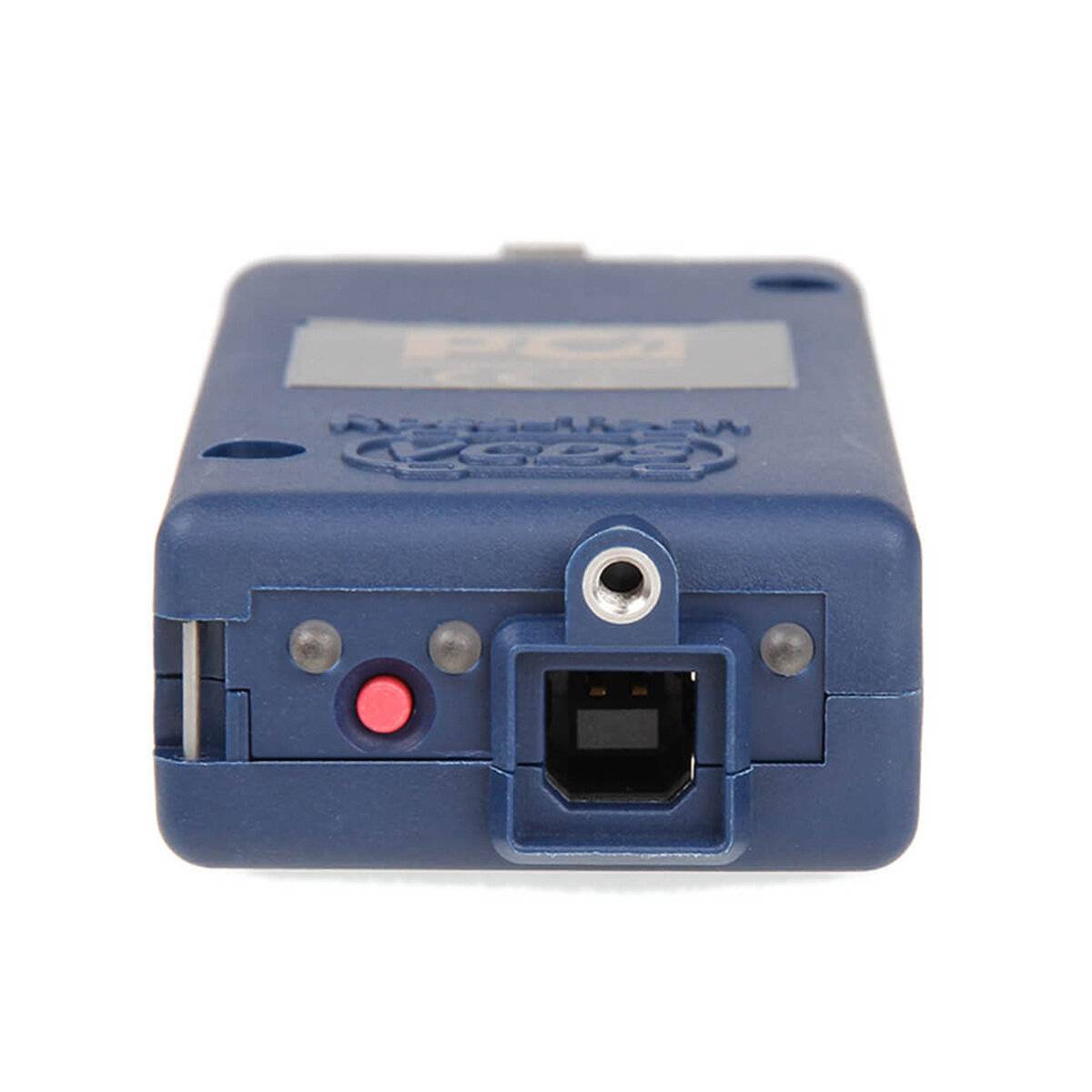 Ein blaues rechteckiges elektronisches Gerät mit einem schwarzen Anschluss, zwei kleinen LED-Indikatoren und einem roten Knopf an einem Ende.