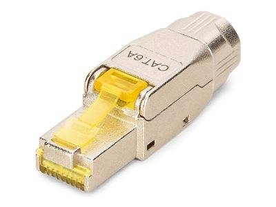 Metallischer CAT-6A Ethernet-Kabelstecker mit gelber Clip, konzipiert für Hochgeschwindigkeits-Datenübertragung in Netzwerkumgebungen.