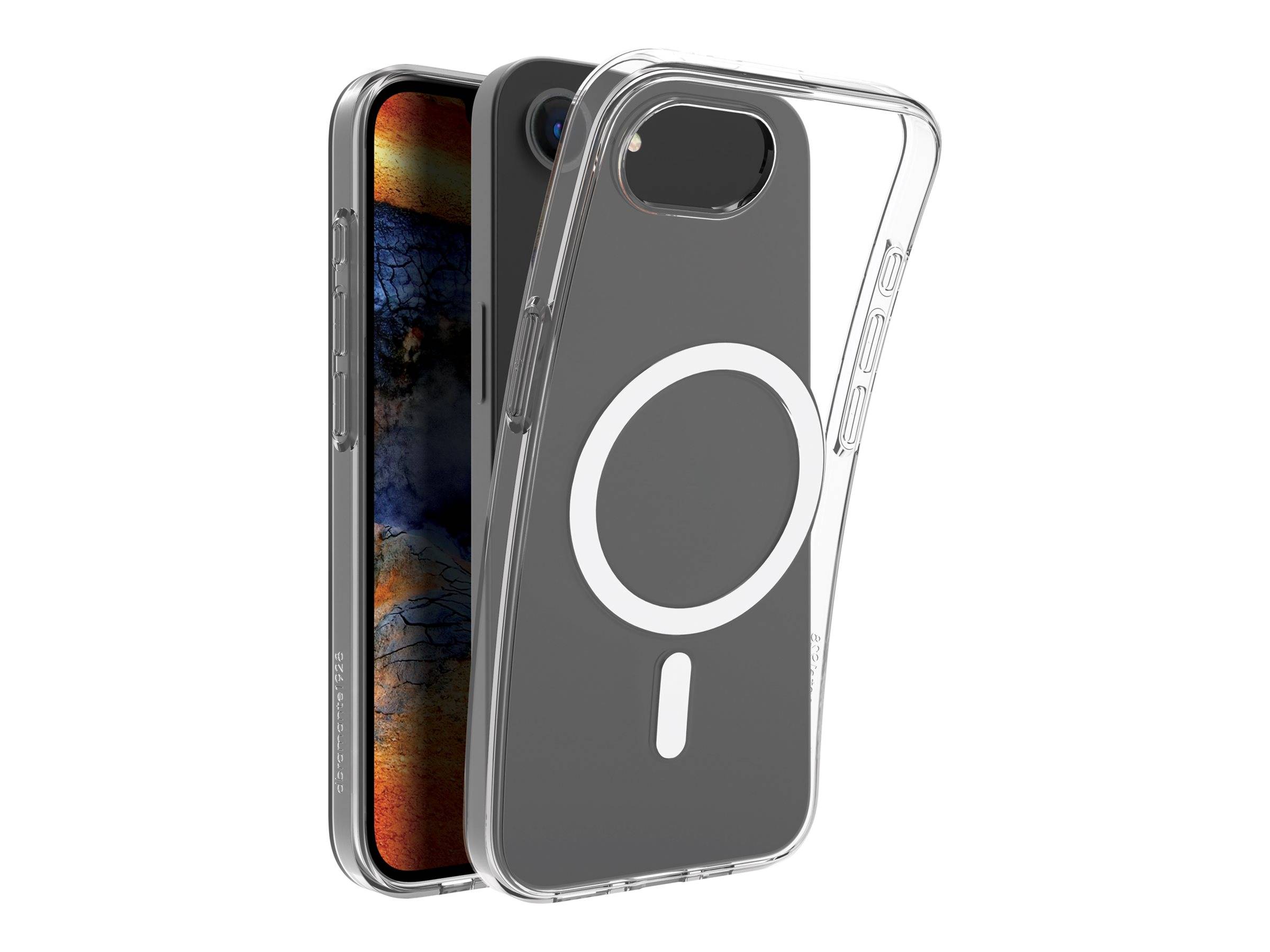 Zwei transparente Smartphone-Hüllen nebeneinander gezeigt, eine mit einem MagSafe-ähnlichen Magnetring auf der Rückseite.