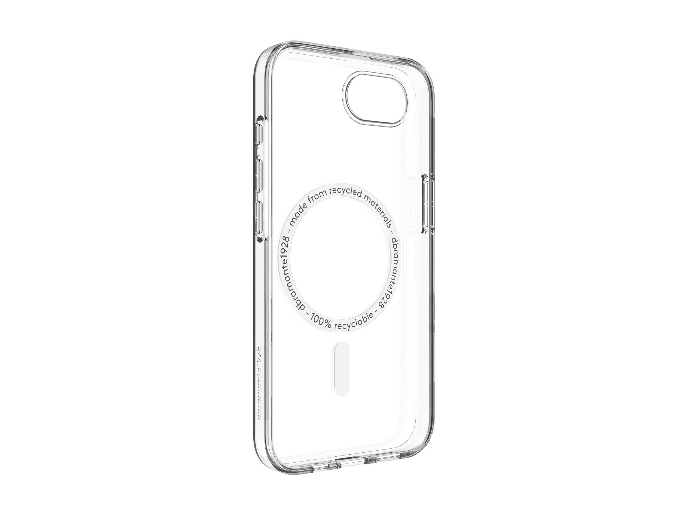 Transparente Handyhülle mit MagSafe-Kompatibilität für iPhone, mit dem Text '100% recyclebar' und 'hergestellt aus recycelten Materialien' in einem kreisförmigen Muster.