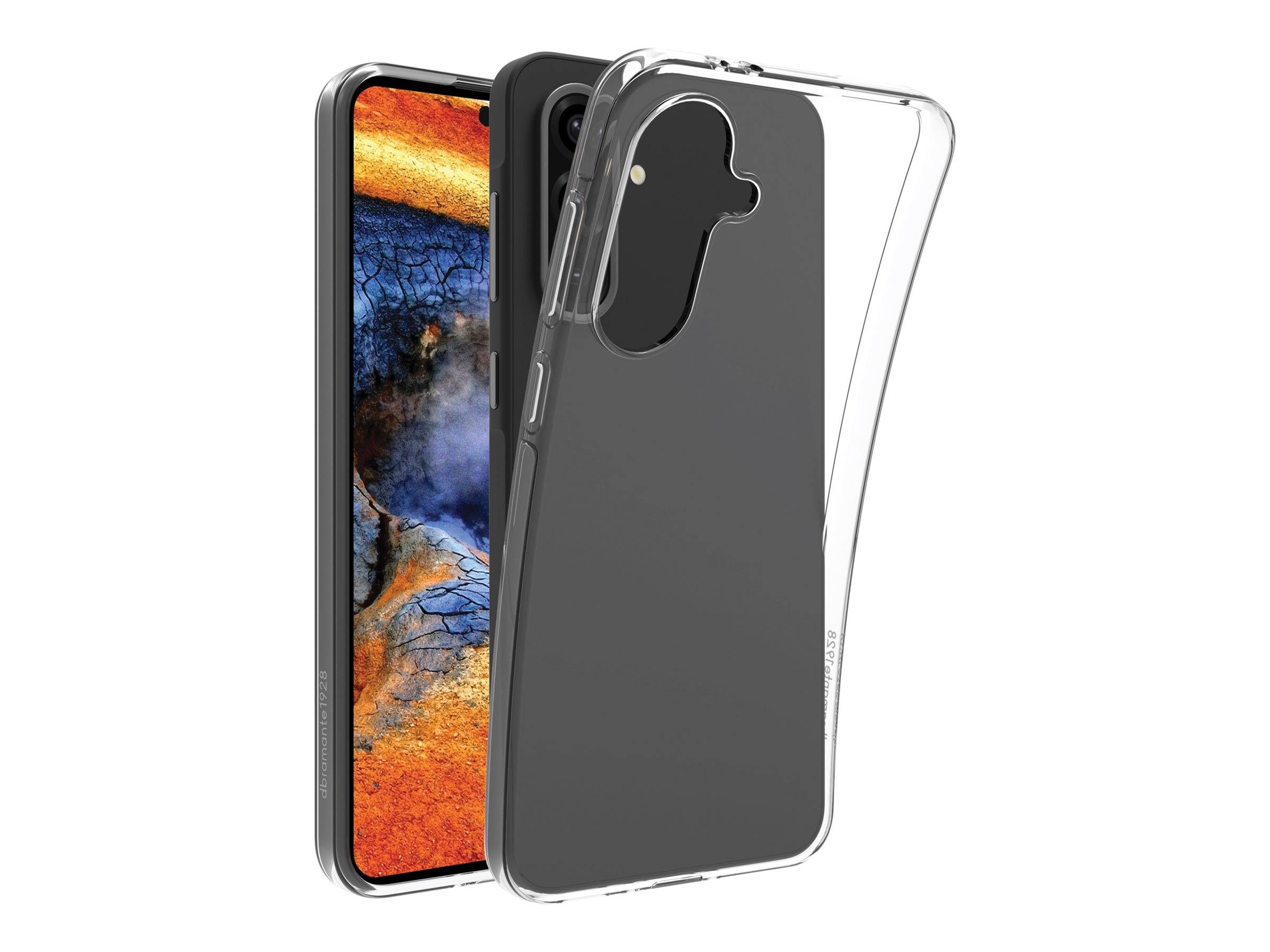 Zwei Smartphone-Hüllen, eine transparent und eine dunkelgrau, über einem Telefon angezeigt, um Passform und Design zu demonstrieren.
