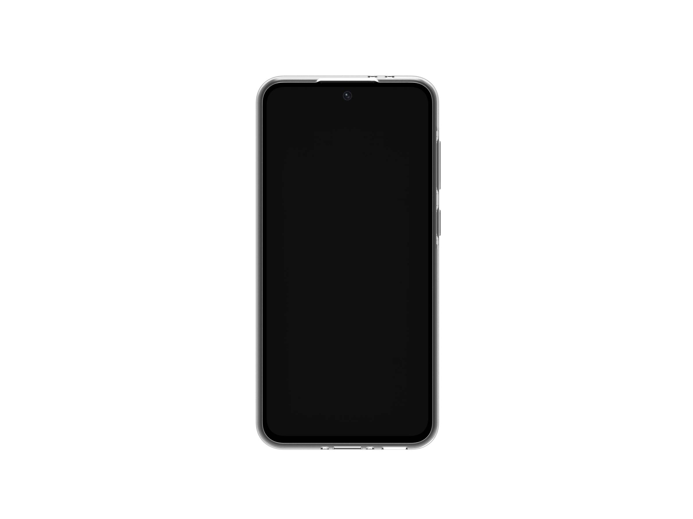 Schwarzes Smartphone frontal dargestellt mit leerem Bildschirm und sichtbaren Seitentasten auf weißem Hintergrund.