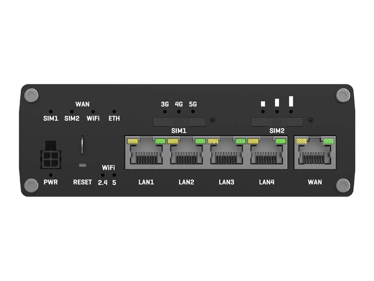 Vorderansicht eines schwarzen Dual-SIM-4G/5G-Router-Panels mit SIM-Steckplätzen, Wi‑Fi/WAN-Indikatoren, Reset-Taste und LAN/WAN-Ethernet-Anschlüssen