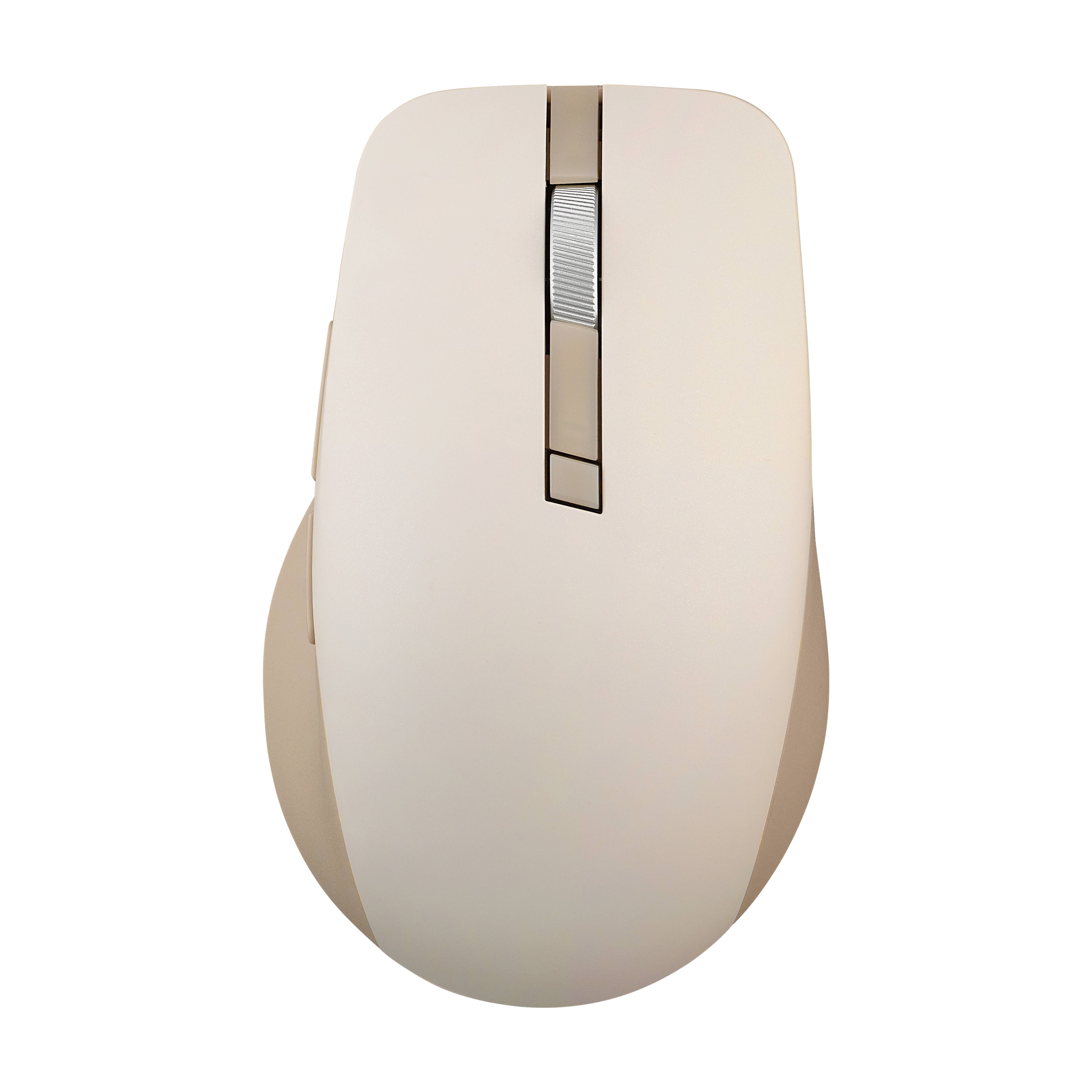 Beige kabellose Computermaus von oben auf schwarzem Hintergrund betrachtet.