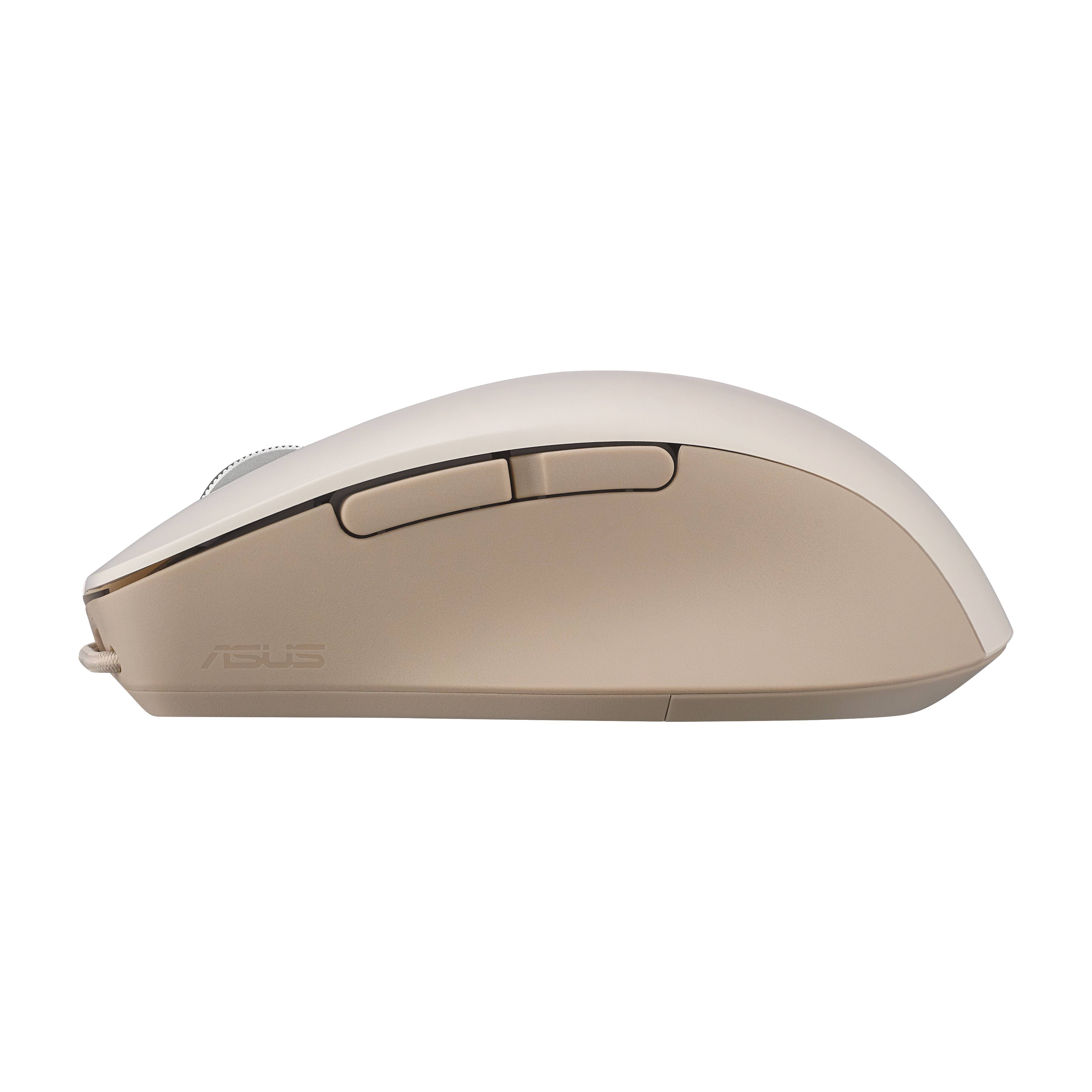 Beige ASUS-Funkmaus in Seitenansicht auf schwarzem Hintergrund, mit zwei sichtbaren Seitenschaltflächen.