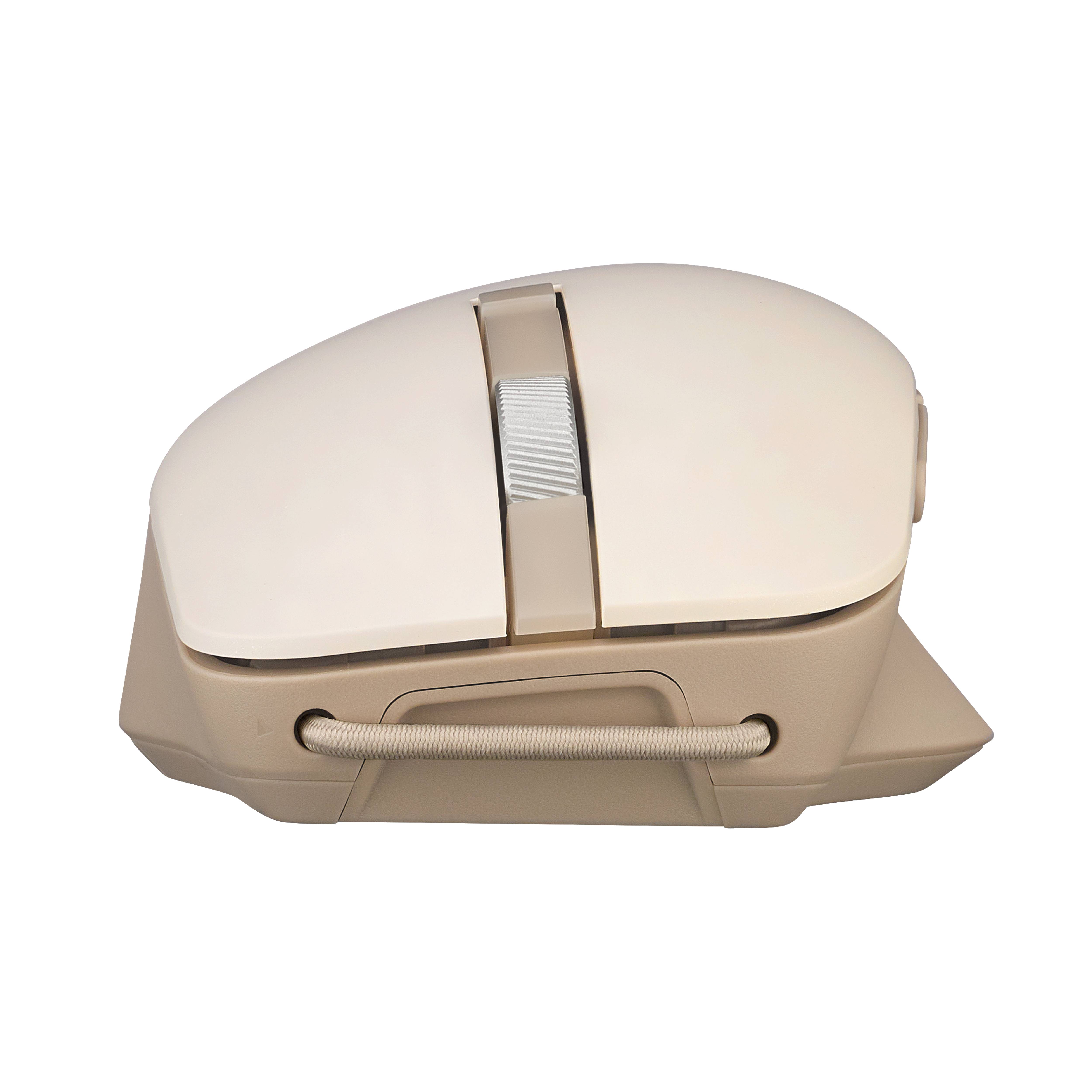 Beige Computermaus mit silbernem Scrollrad und einem um die Vorderseite gewickelten Kabel, vor schwarzem Hintergrund gezeigt.