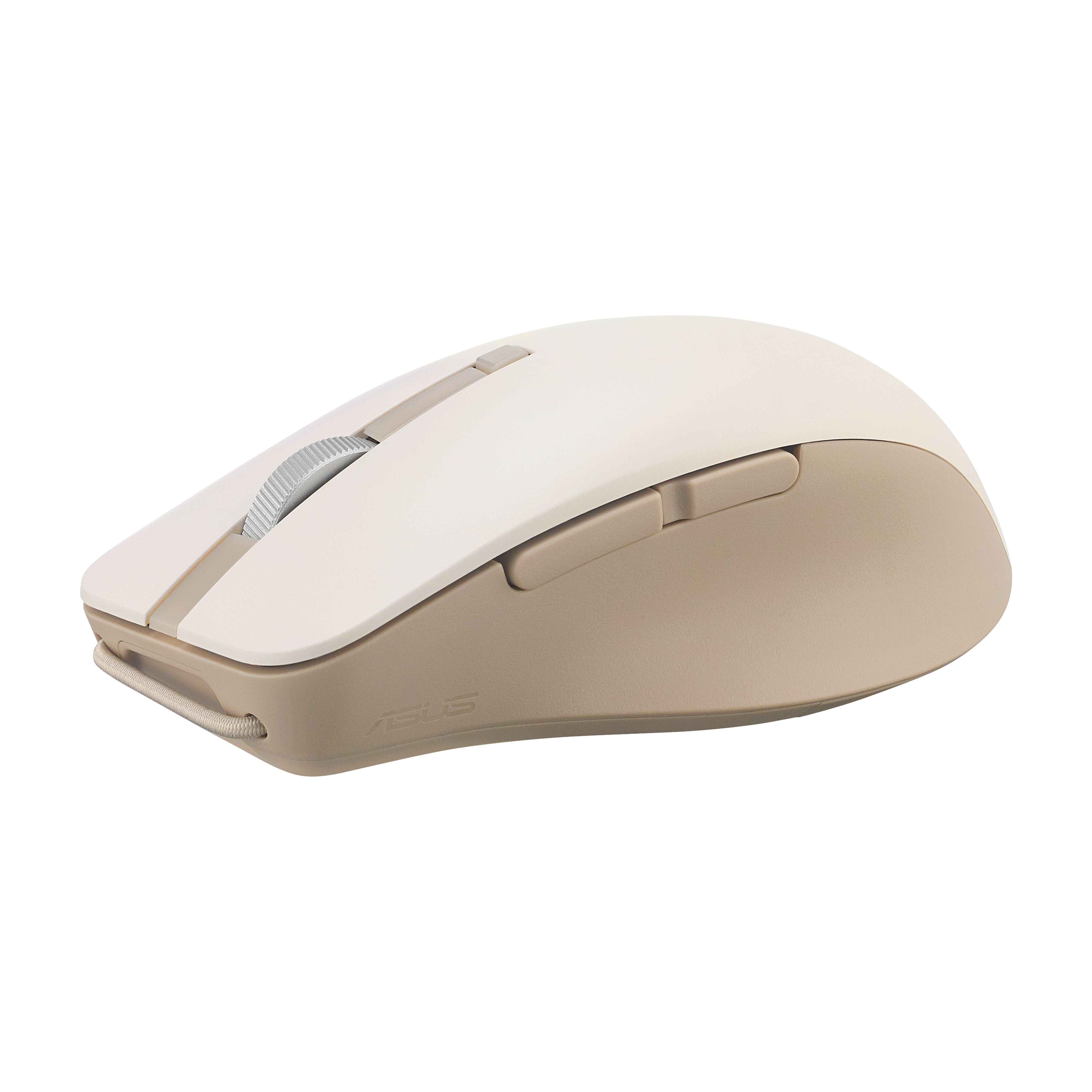 Beige kabellose Computermaus auf schwarzem Hintergrund, in Seitenansicht mit Scrollrad und zwei Tasten.
