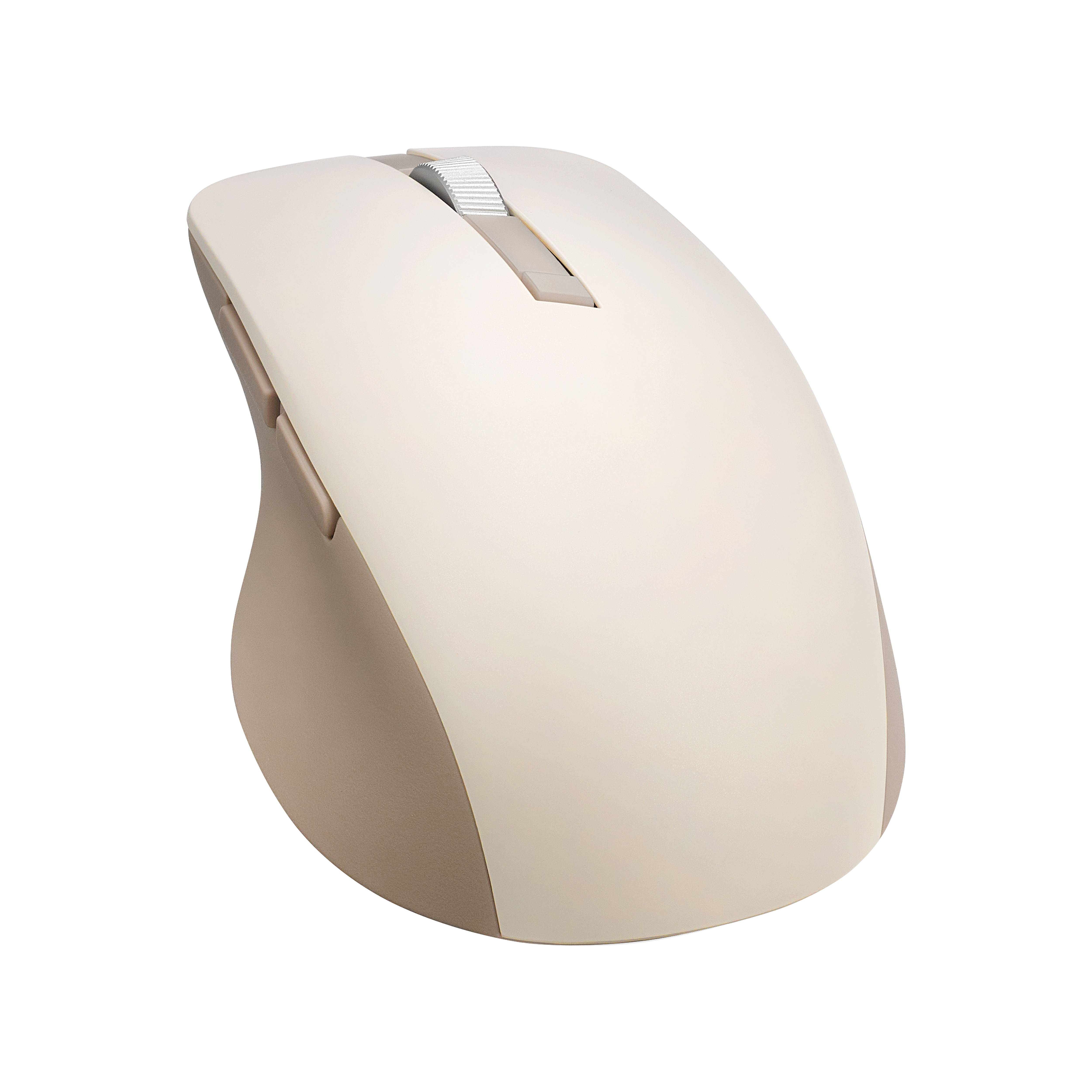 Beige kabelloses Computermaus auf schwarzem Hintergrund, leicht angewinkelt gezeigt.