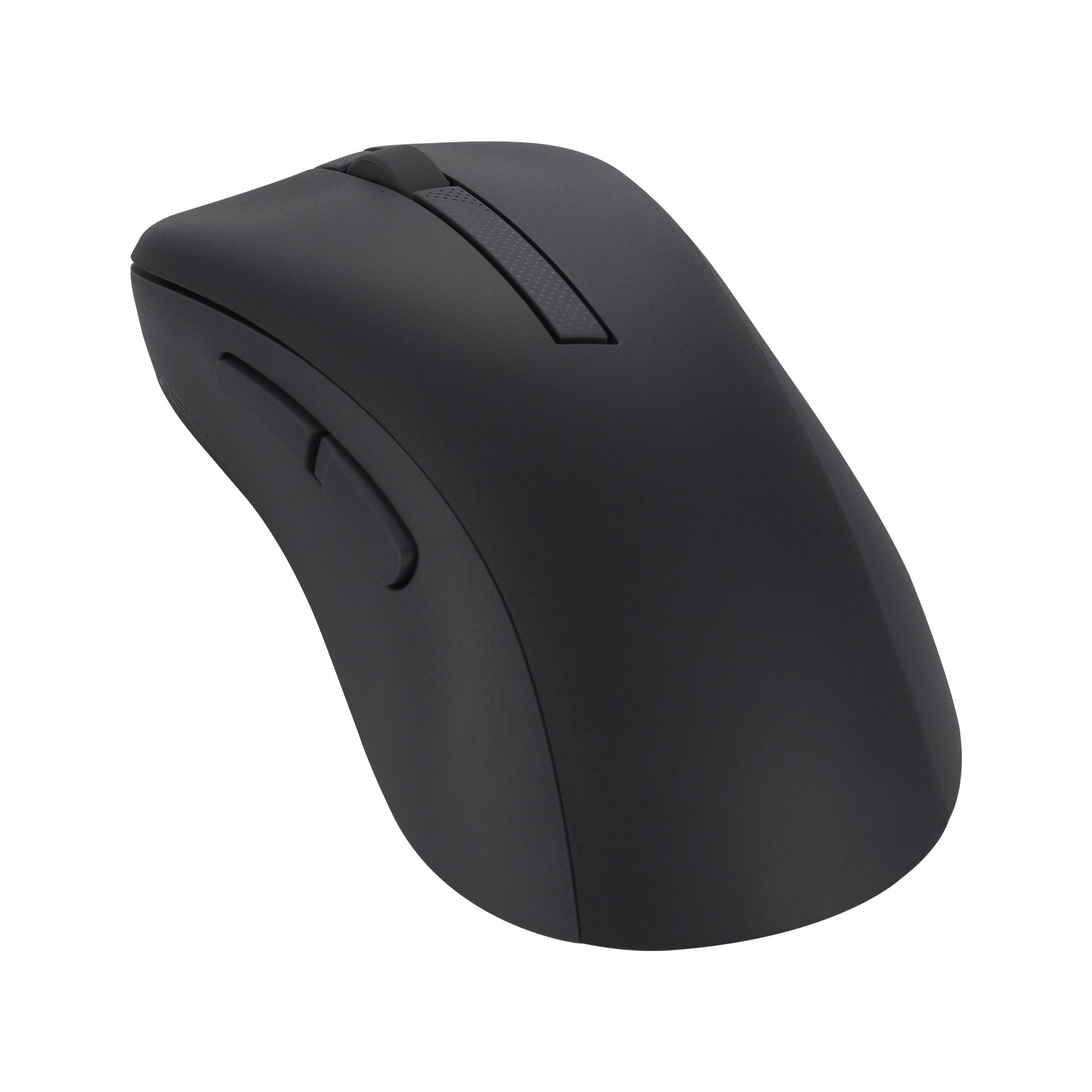 Schwarze ergonomische kabellose Computermaus auf einfachem dunklem Hintergrund, in einem Winkel dargestellt mit sichtbarem Scrollrad und Seitentasten.