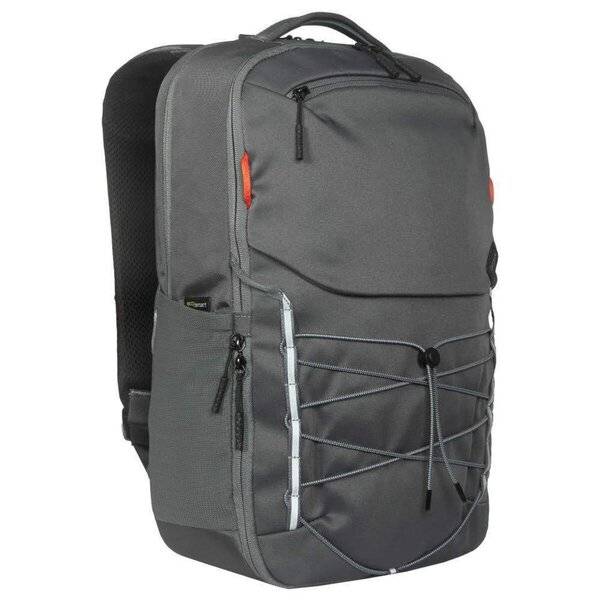 Grauer Rucksack mit schwarzen Riemen, vorderer Bungee-Schnur und mehreren Reißverschlussfächern auf weißem Hintergrund.