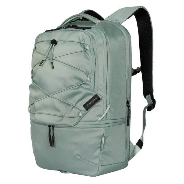 Hellgrüner Rucksack mit vorderen Spanngurten, Seitentaschen und schwarzen Schultergurten auf weißem Hintergrund.
