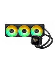 Flüssigkeitskühler für CPUs mit drei Lüftern, RGB-beleuchteten Lüftern und einem verbundenen Pumpenkopf auf weißem Hintergrund.