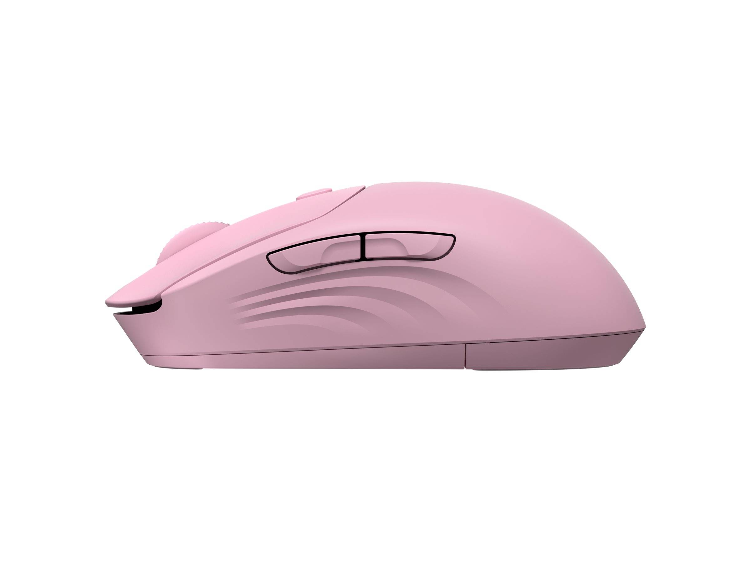 Eine rosa kabellose Computermaus in Seitenansicht, die zwei Seitentasten und ein Scrollrad zeigt.