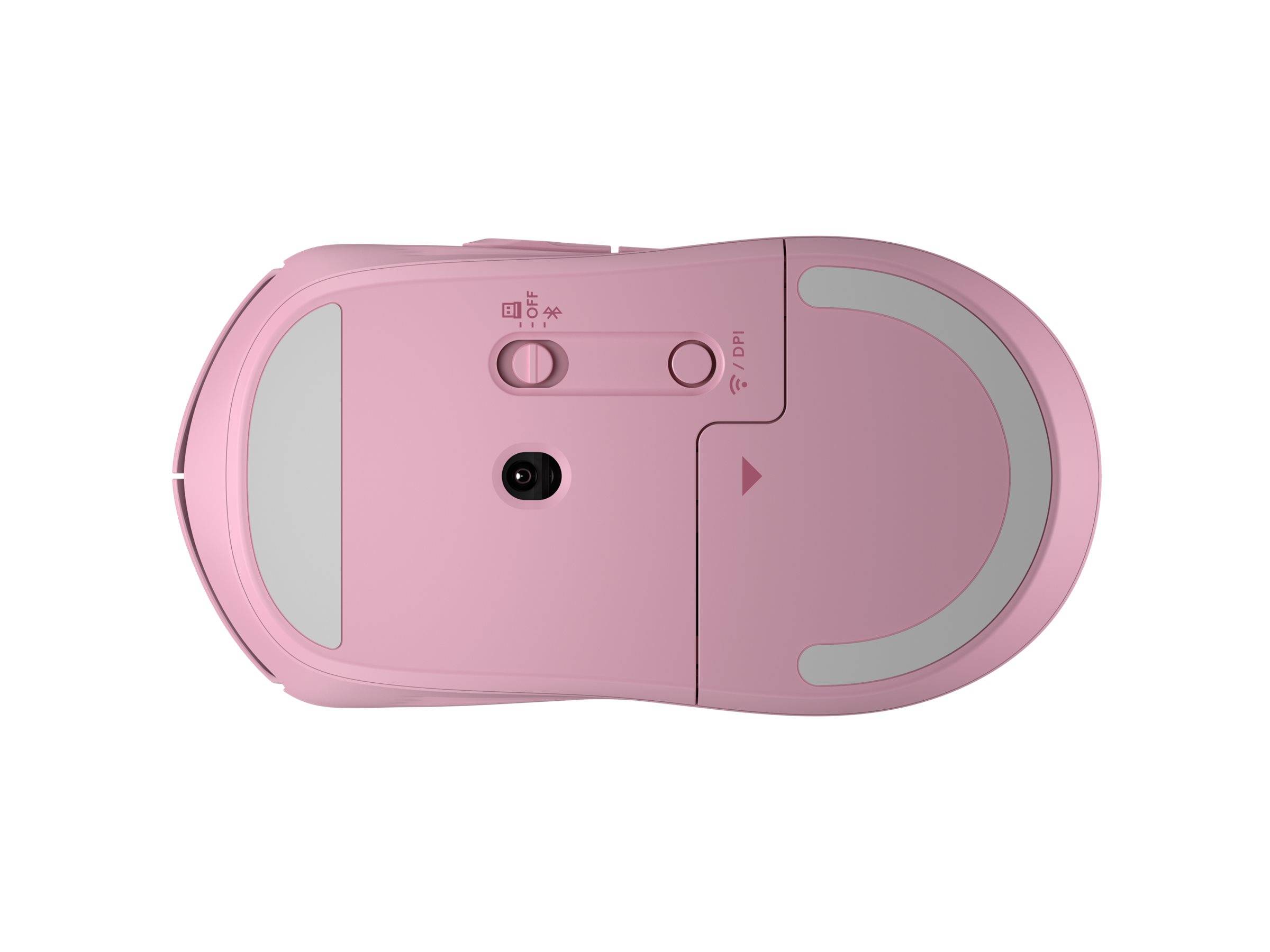 Eine rosa Computermaus, von unten gezeigt, mit sichtbaren Tasten für 'EIN/AUS' und 'DPI'.