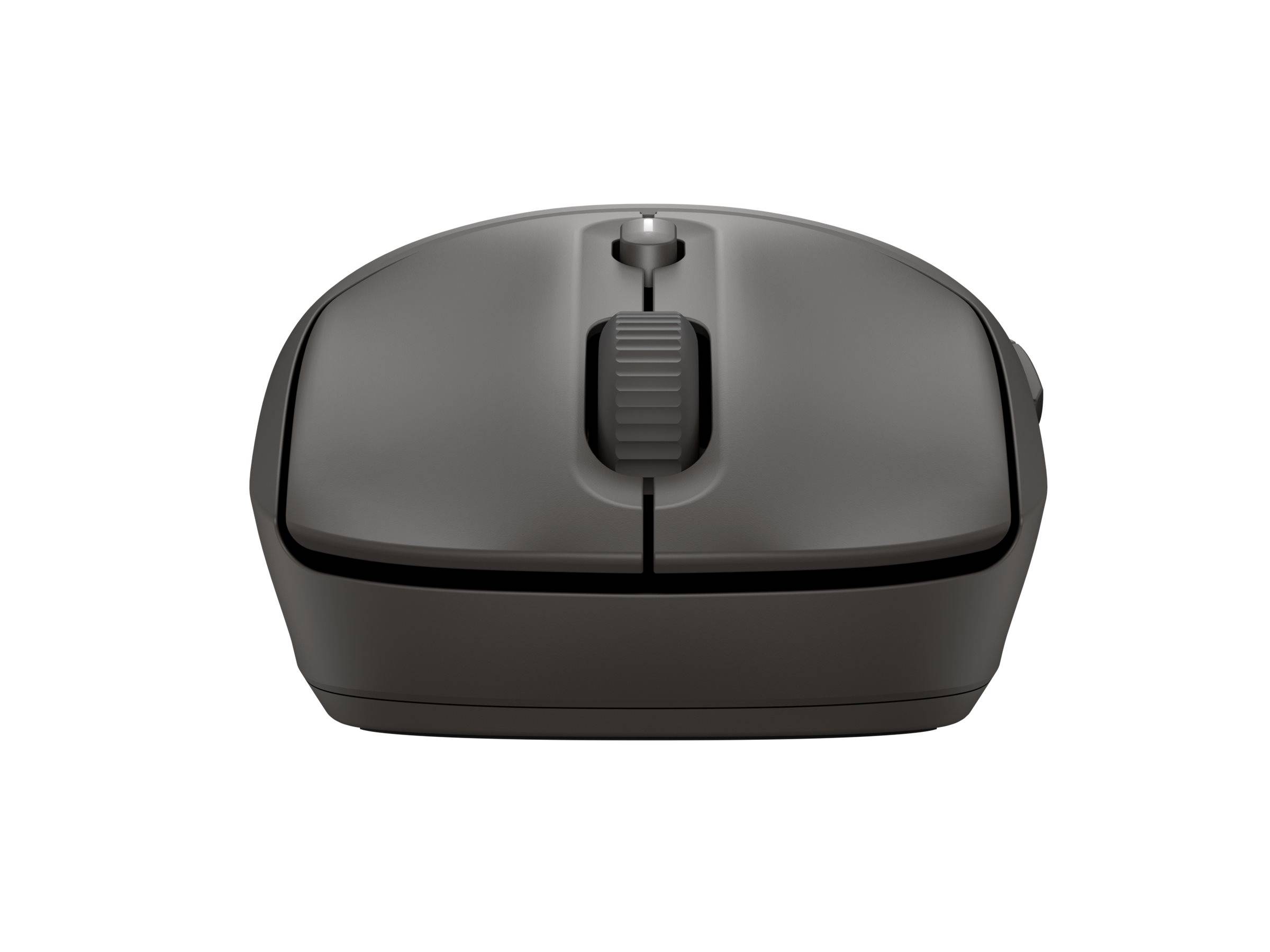 Eine schwarze Computermaus mit Scrollrad, von vorne gesehen, auf einem einfarbigen weißen Hintergrund.