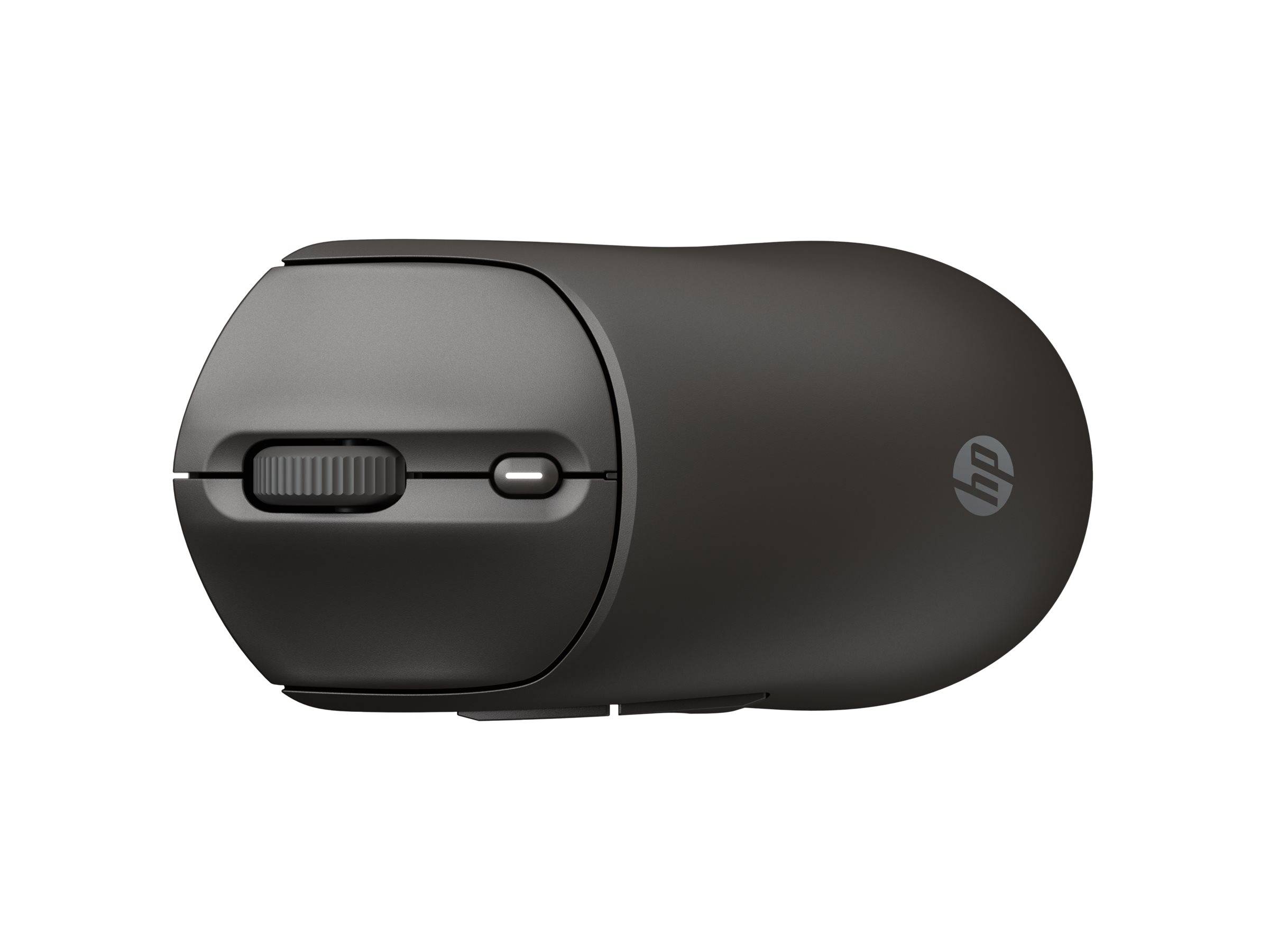Eine schlanke schwarze kabellose Maus mit einem Scrollrad, die ein HP-Logo an ihrer Seite trägt.