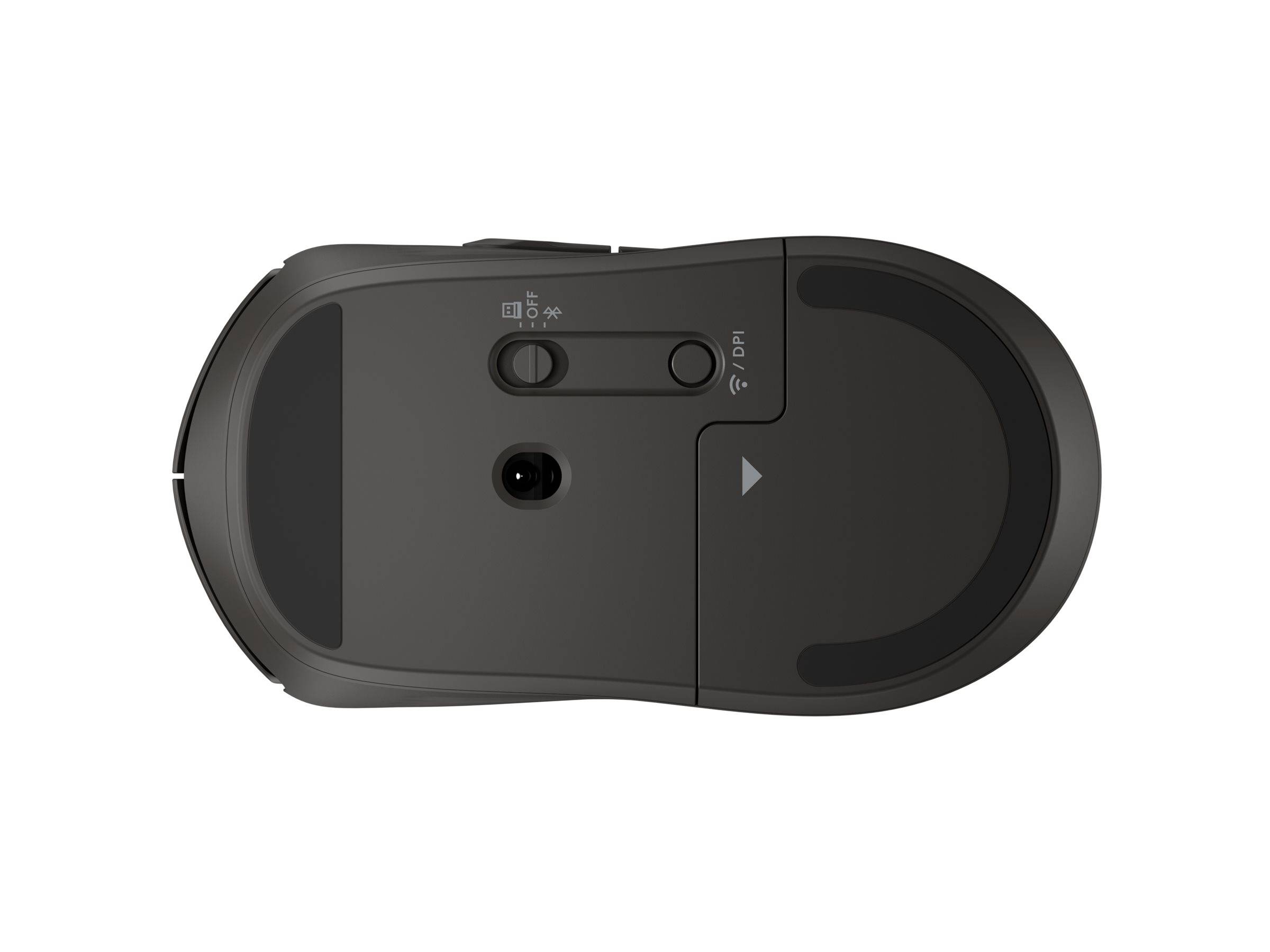 Das Bild zeigt die Unterseite einer Computermaus mit Tasten für Ein/Aus und DPI-Einstellungen sowie einem optischen Sensor in der Mitte.