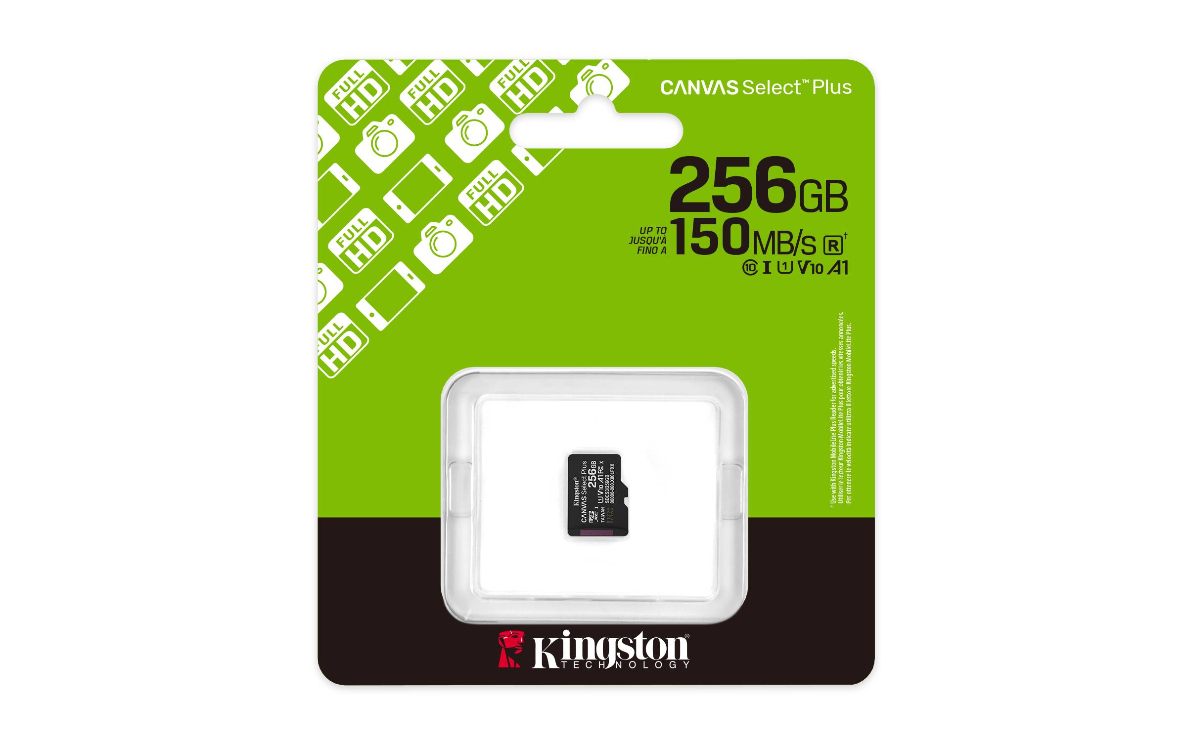 Kingston Canvas Select Plus microSD-Kartengpaket mit 256GB Kapazität und bis zu 150MB/s Geschwindigkeit, mit der Karte in der Mitte sichtbar.