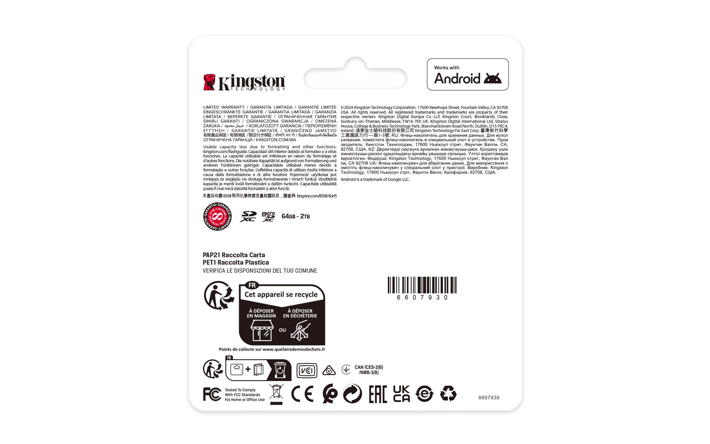 Rückseite einer Kingston Android-Speicherkarte mit Produktinformationen, Recycling-Symbolen, Barcode und behördlichen Logos.
