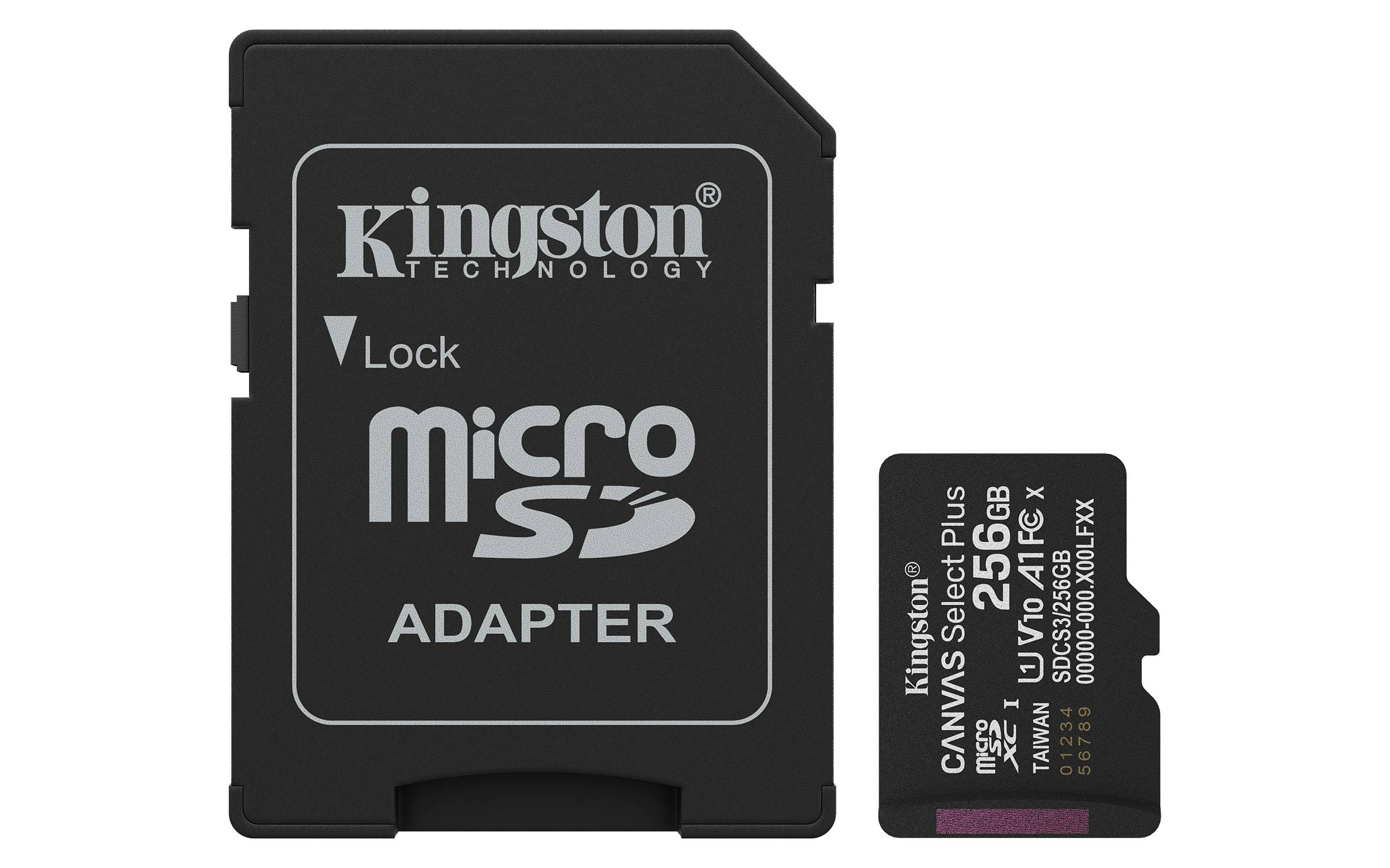 Kingston Micro-SD-Adapter neben einer Kingston 256GB Micro-SD-Karte, beide gekennzeichnet zur Verwendung als Speicher.