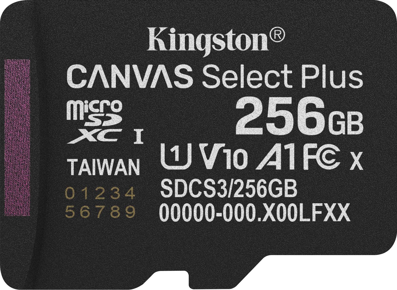 Kingston Canvas Select Plus' microSD-Karte, 256 GB Kapazität, Klasse 10, UHS-I, A1 mit sichtbarer Seriennummer. Geeignet für hochgeschwindigkeiten Speicher.