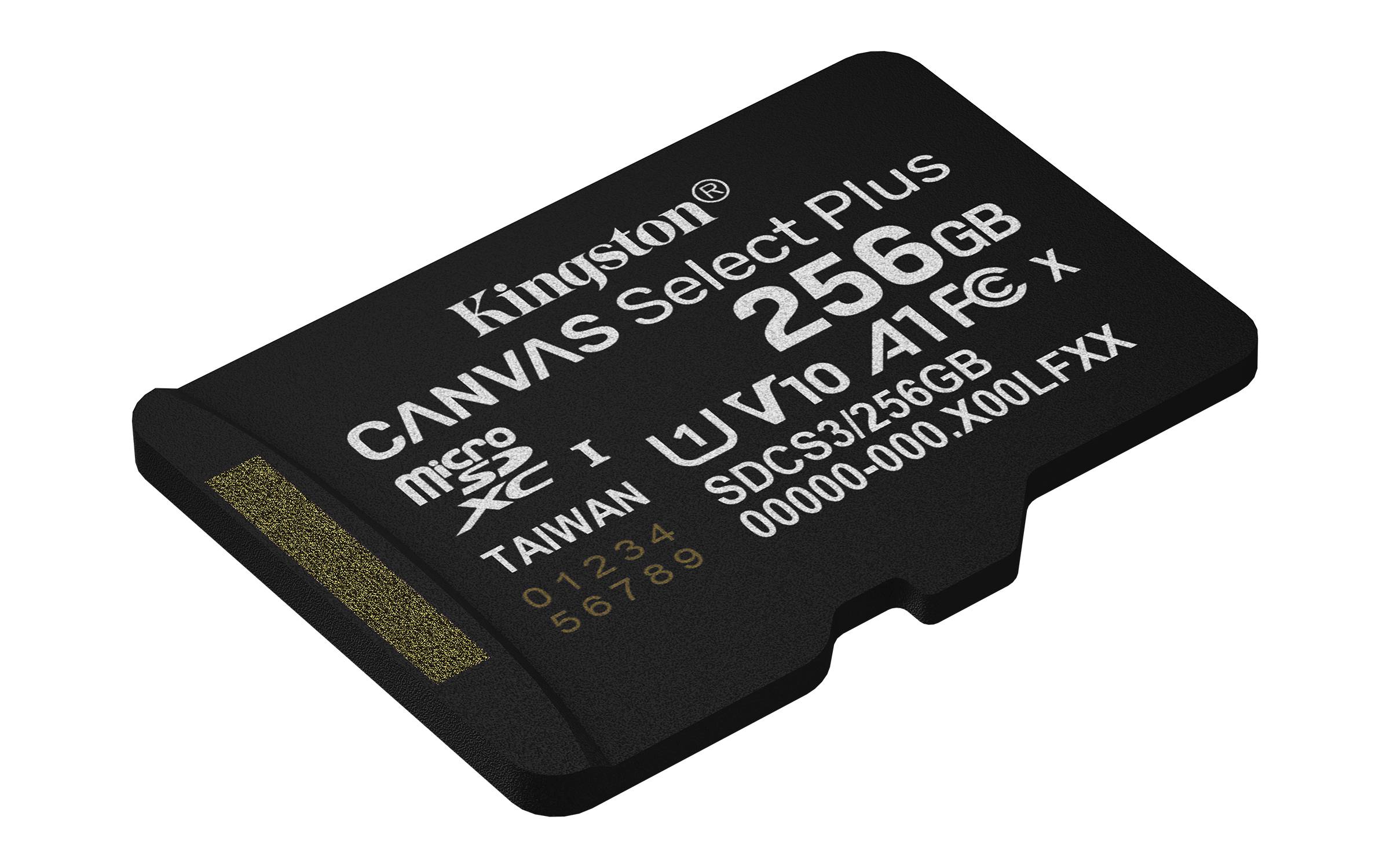 Kingston Canvas Select Plus 256GB microSD-Karte auf schwarzem Hintergrund gezeigt, gekennzeichnet mit U1, V10, A1 und Taiwan.