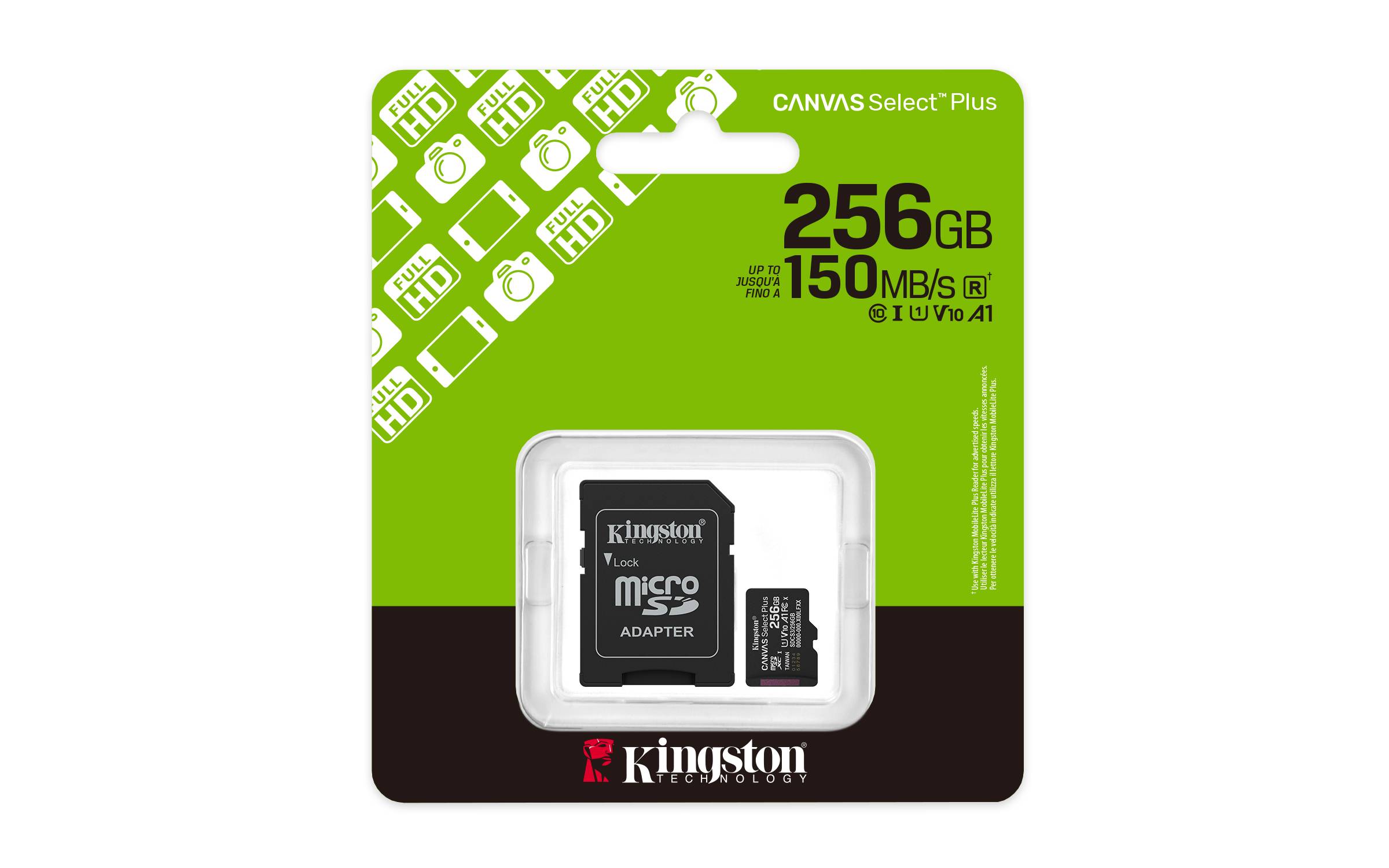 Kingston Canvas Select Plus 256GB microSD-Kartenpakete mit Adapter, Anzeige von 150MB/s Geschwindigkeit und U1 A1 Bewertungen.