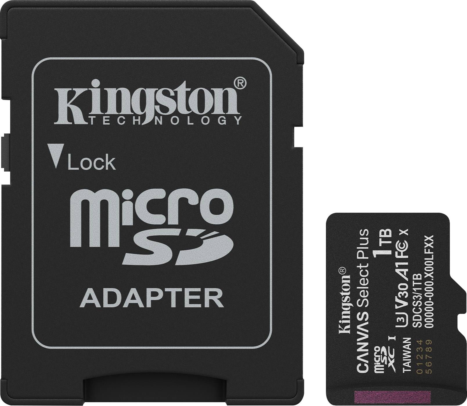 Kingston microSD-Karte mit Adapter, beschriftet mit 'CANVAS Select Plus 1TB', geeignet für Datenspeicherung und -übertragung, mit Sperrfunktion.