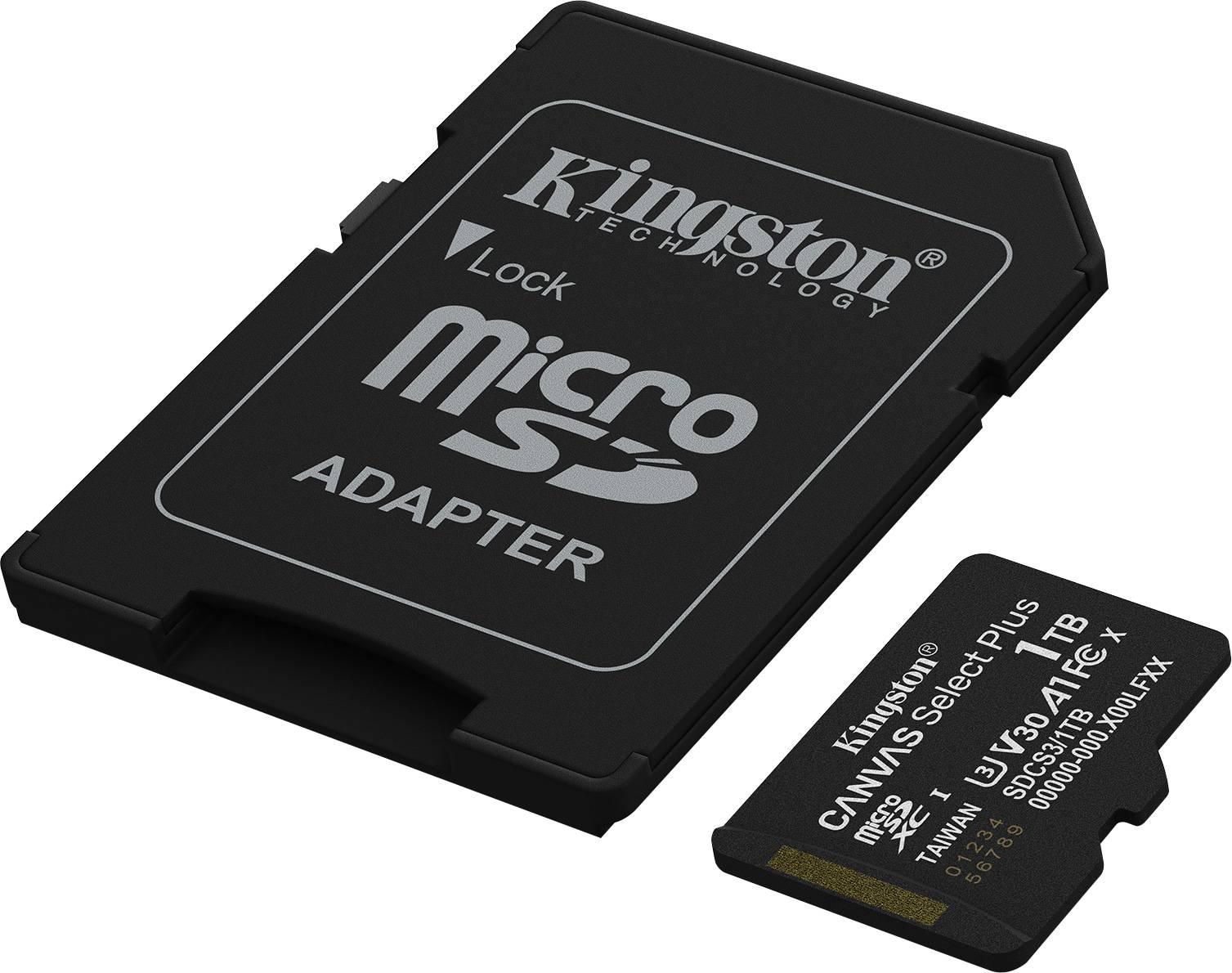 Ein 'Kingston Technology' microSD-Adapter und eine 'Kingston Canvas Select Plus' microSD-Karte mit 32 GB Speicherkapazität werden präsentiert.