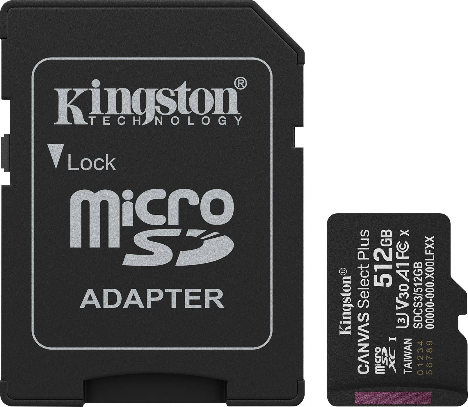 Kingston Technology microSD-Adapter mit einer 512-GB-microSD-Karte daneben. Die microSD-Karte ist beschriftet mit „Canvas Select Plus, Class 10, U3/A1