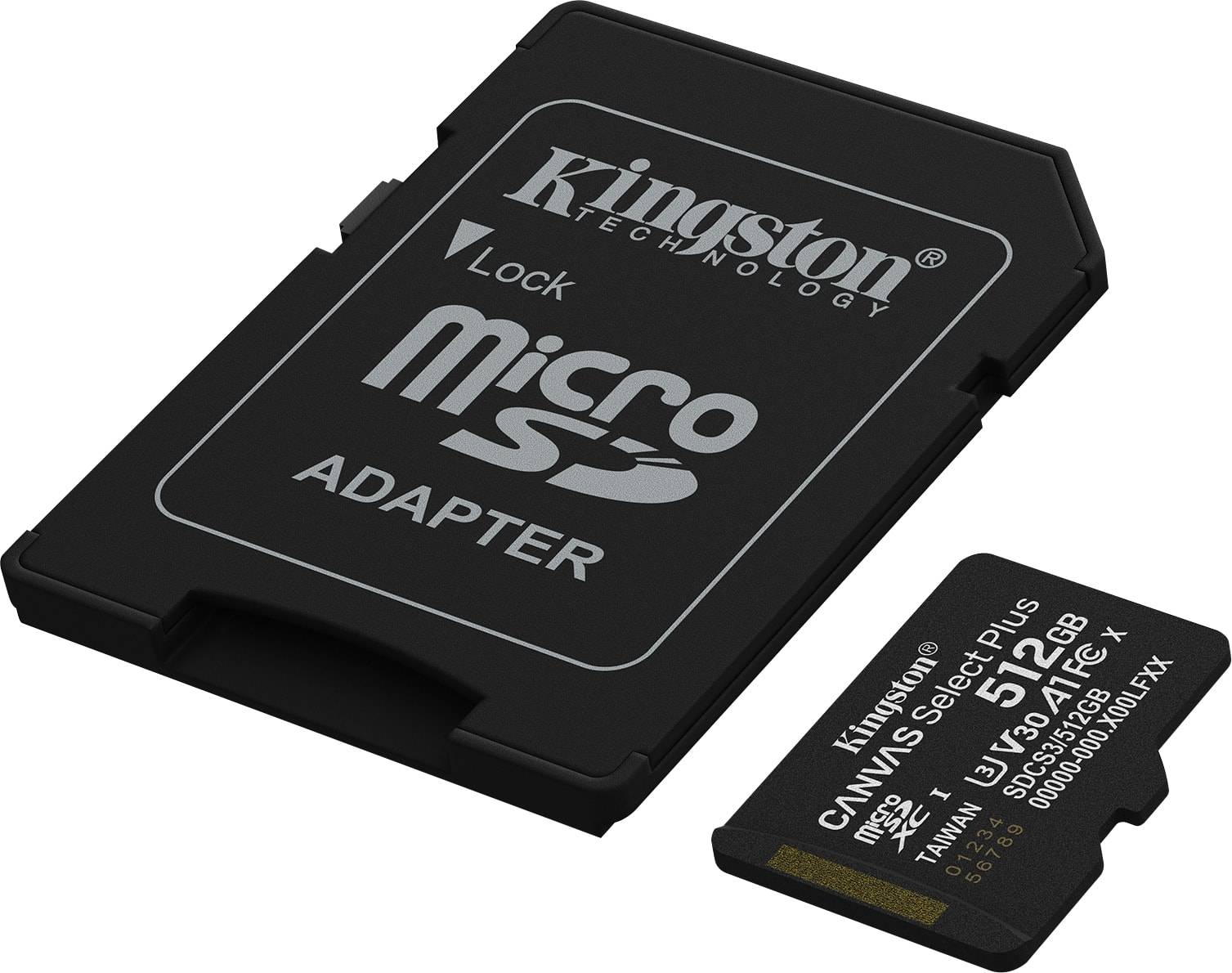 Kingston Technology MicroSD-Adapter neben einer 32-GB-Kingston-Canvas-Select-Plus-microSD-Karte, beide in Schwarz mit weißer Schrift.