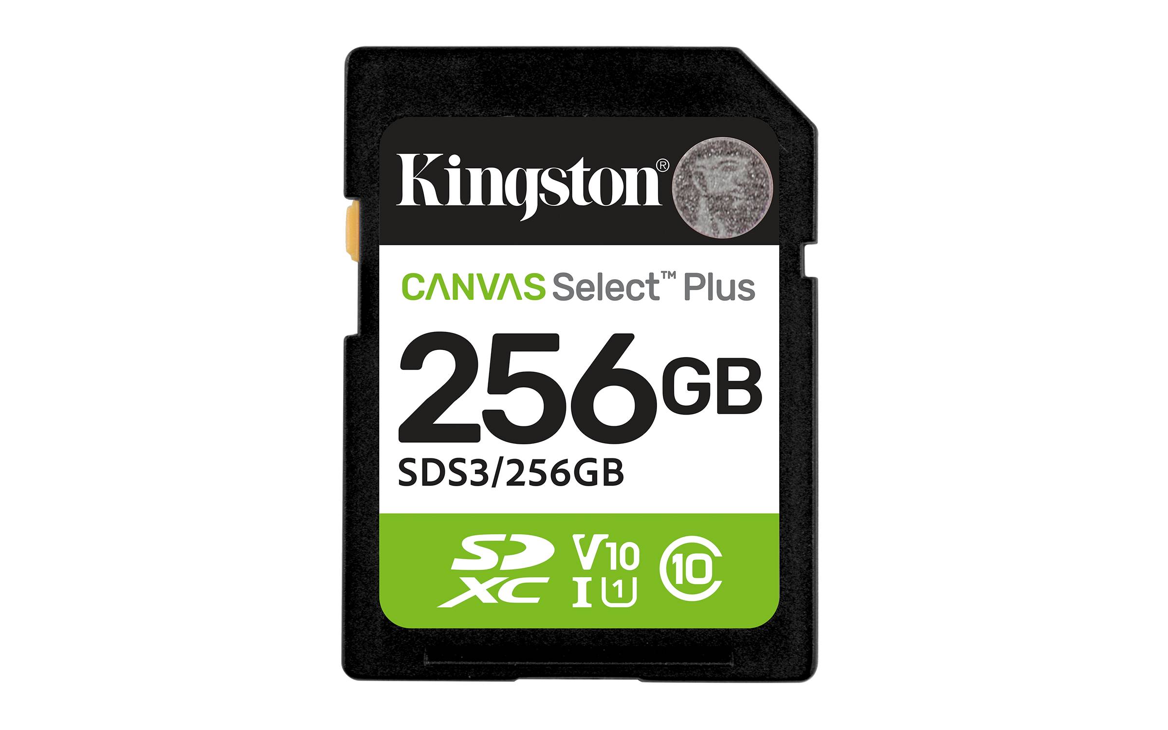 Eine Kingston Canvas Select Plus 256GB SDXC-Speicherkarte auf schwarzem Hintergrund.