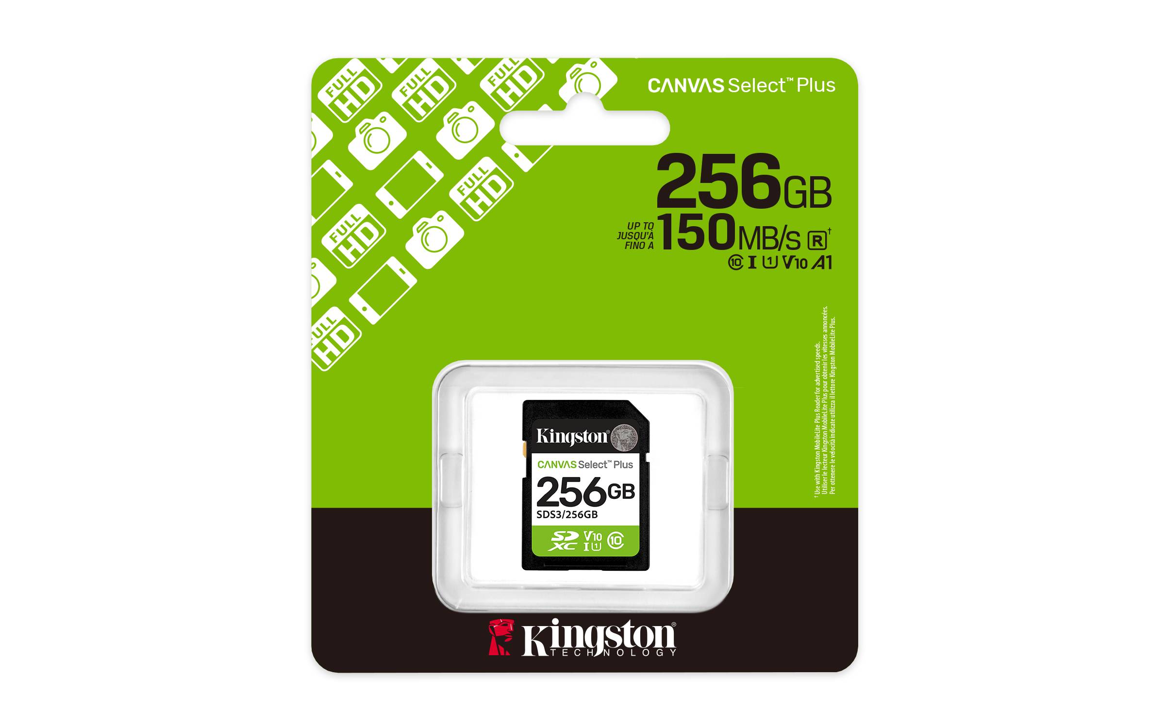 Kingston Canvas Select Plus 256GB SD-Speicherkarte in durchsichtiger Kunststoffschachtel verpackt, grün-schwarze Einzelhandelsverpackung mit Geschwindigkeitsbewertung „150 MB/s