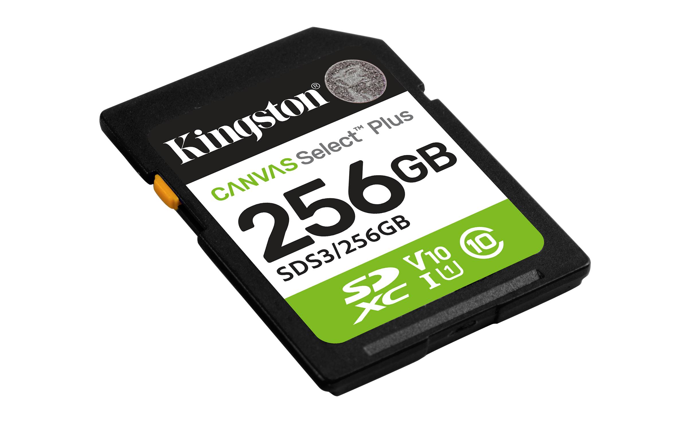 Kingston Canvas Select Plus 256GB SD-Speicherkarte auf schwarzem Hintergrund.