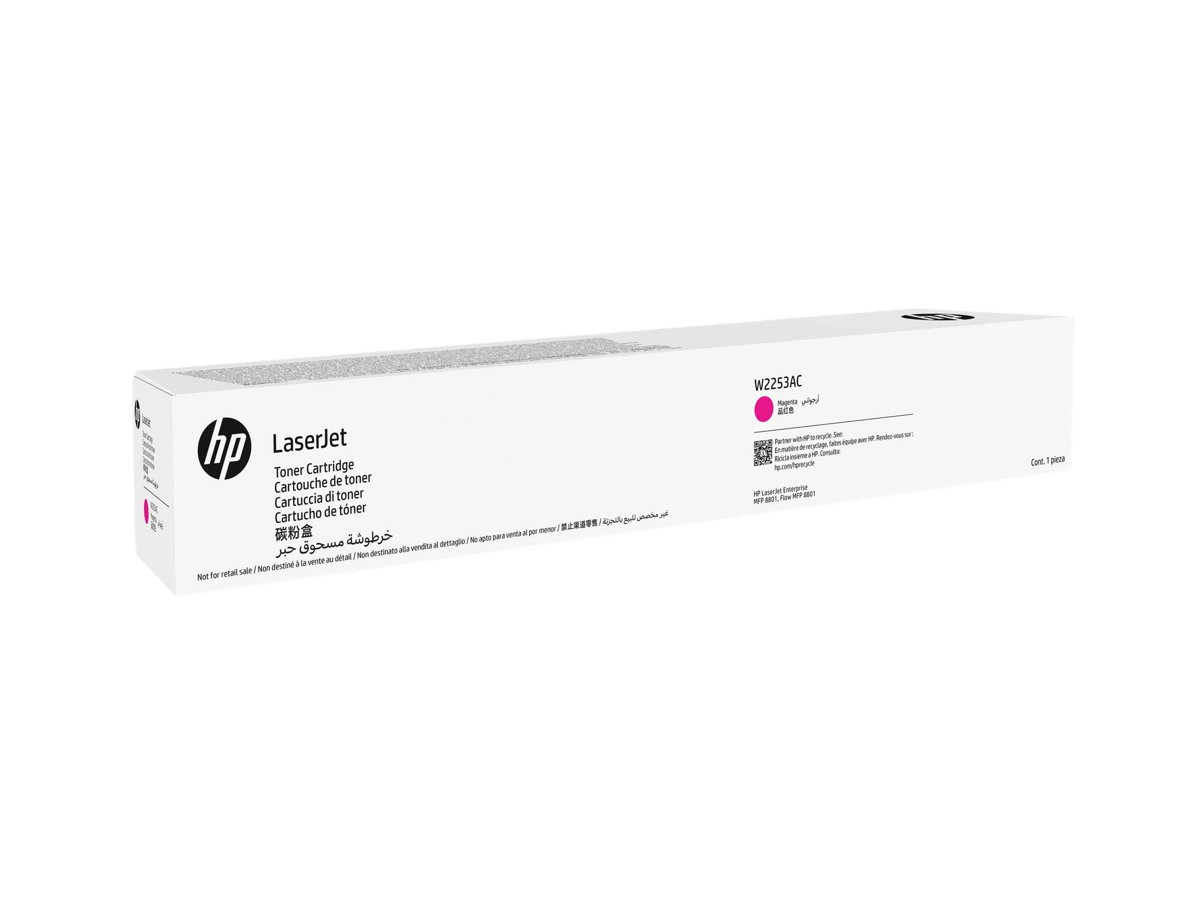 HP LaserJet Tonerpatrone, weiße Verpackung mit Etikett W2253X in Magenta zur Verwendung mit HP LaserJet Druckern.